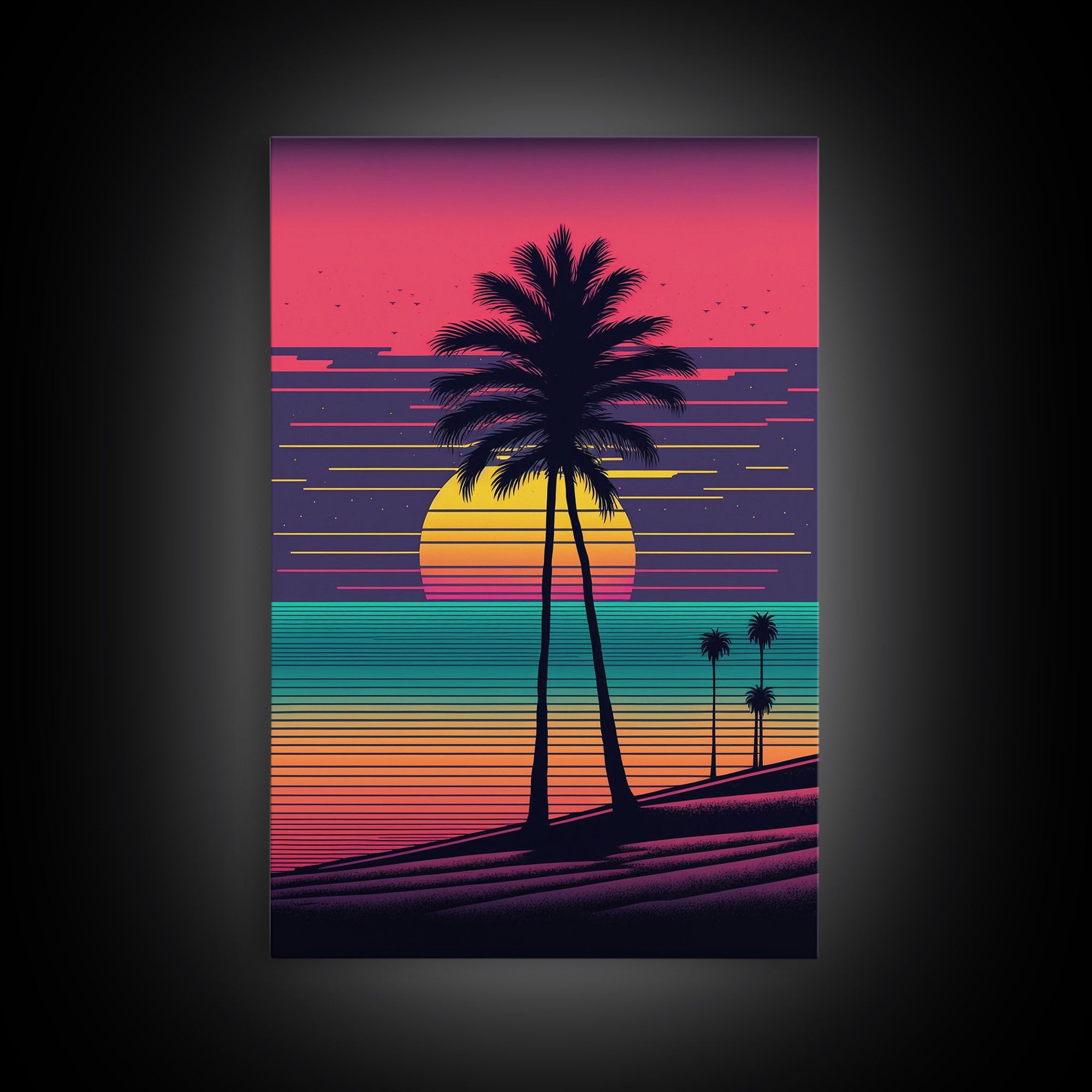 Framed Canvas Print | Synthwave Sunset with Palm Trees | Home Decor | Ready to Hang | Retro Style Decor