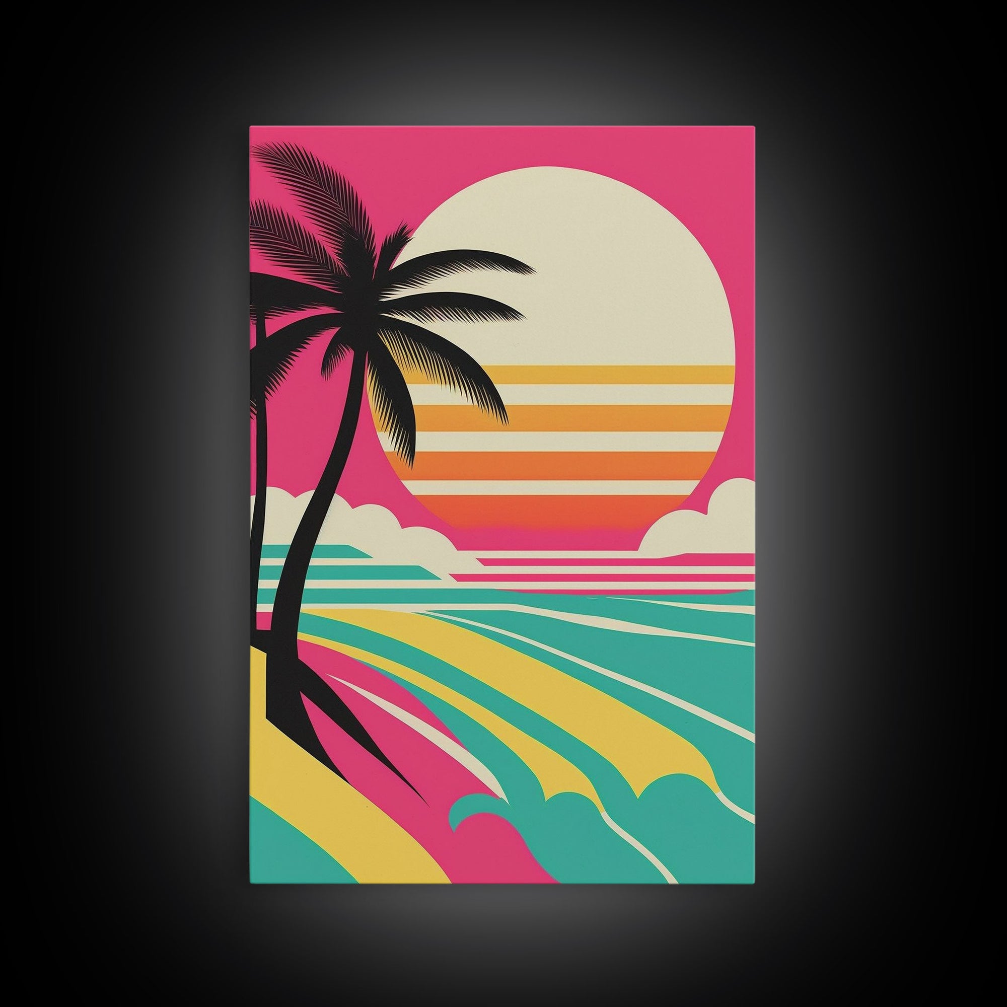 Framed Art Deco Canvas Print - Sunset Beach Scene, Minimalist Palms, Retro Style - Pink and Turquoise Vaporwave Art