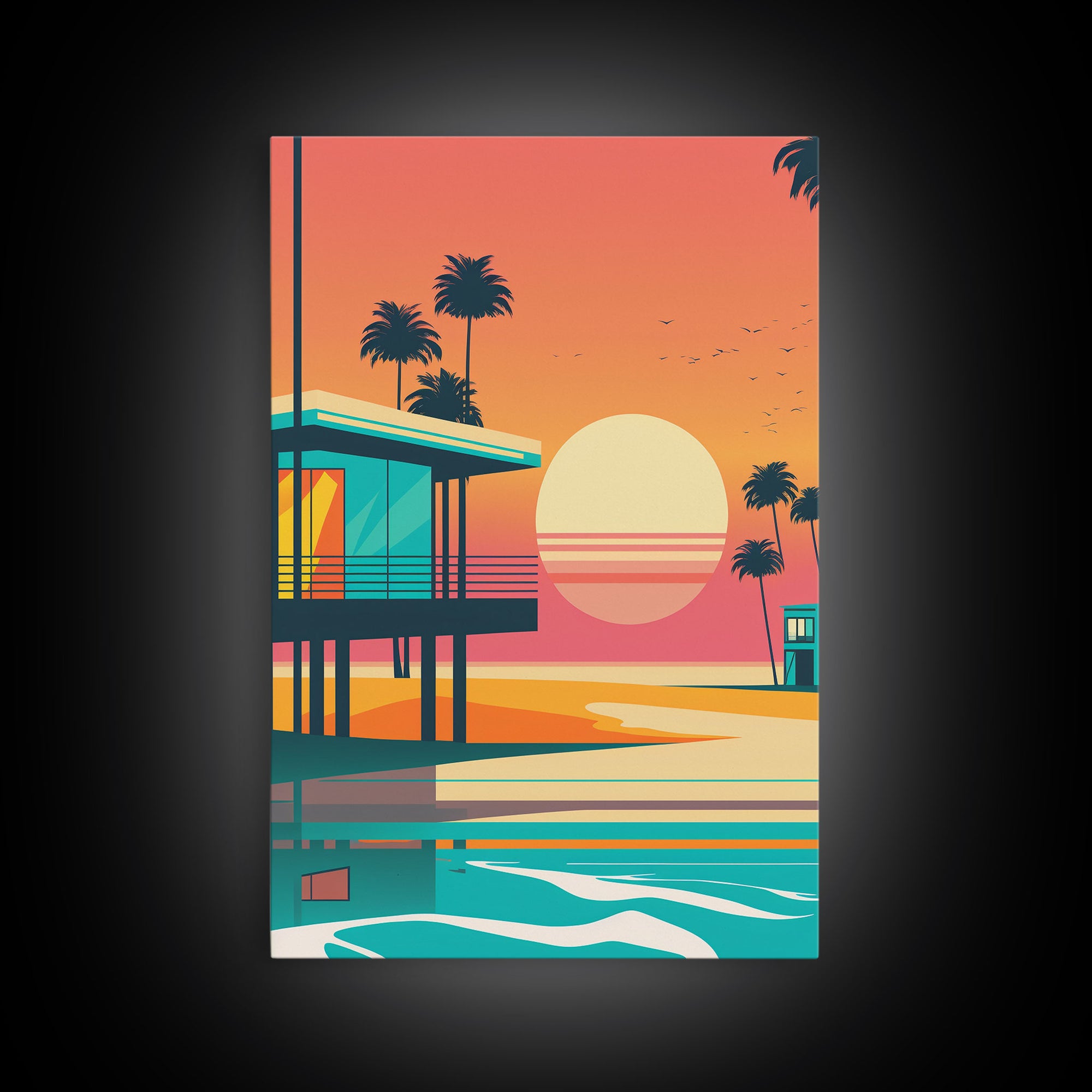 Art Deco Sunset Beach Canvas Print, Minimalist Retro Palmtree Vibe, Vaporwave Art, 80s Retro Vibes, Miami Inspired Art