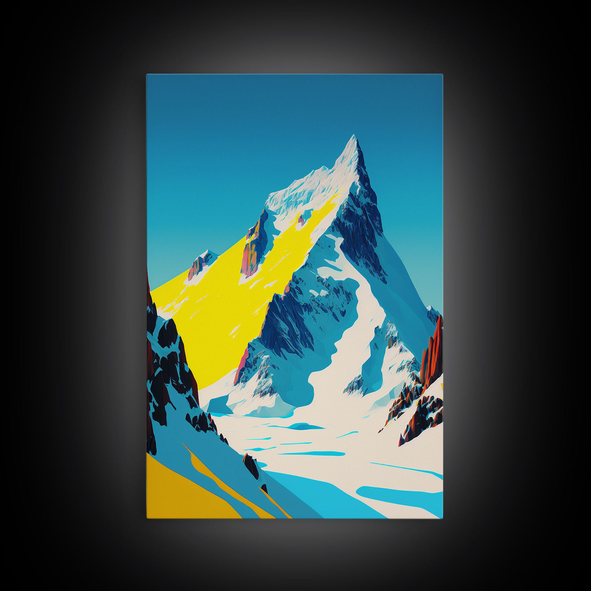 Retro Mount Everest Landscape Art, Framed Canvas Print, Retro Style Painting, Snow Capped Peaks, Orange Landscape, Minimalist MCM Art