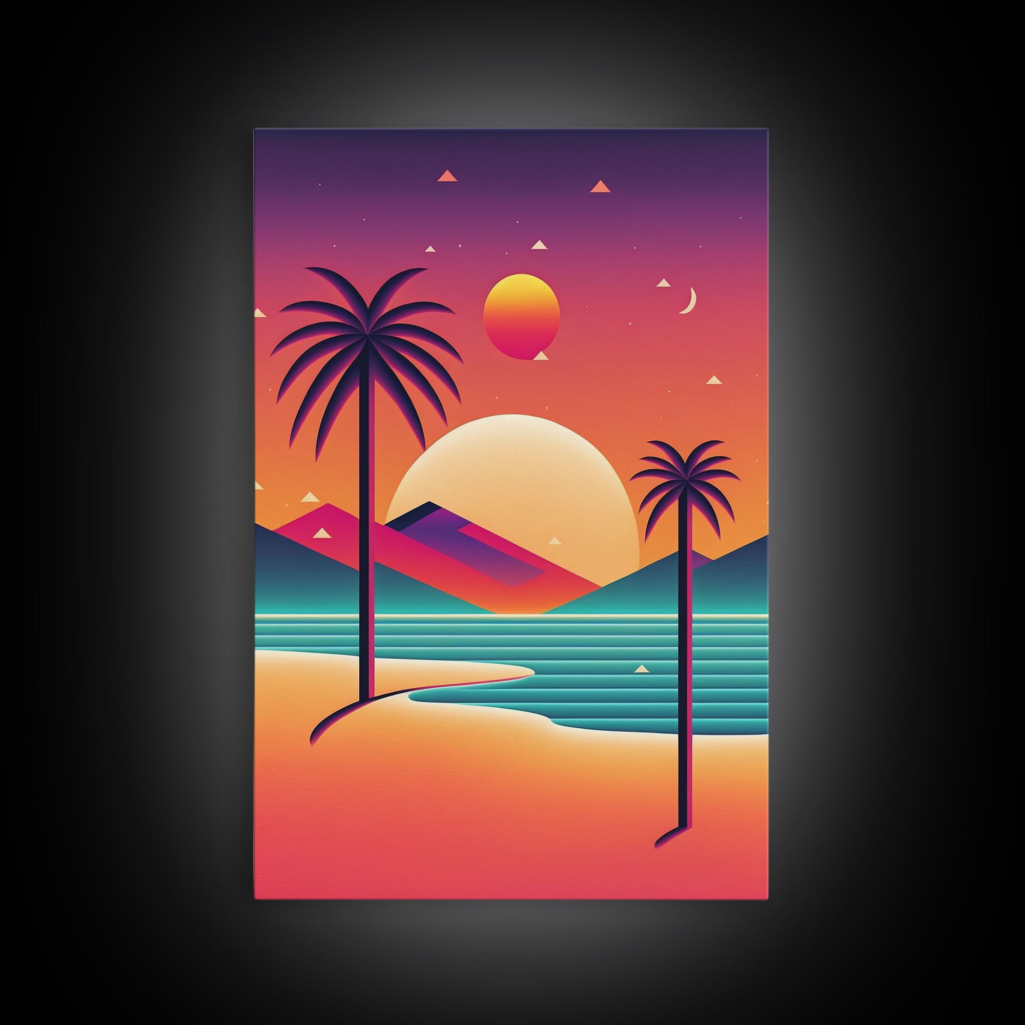 Framed Canvas Print | Art Deco Sunset | Retro Style | Palm Trees | Island Vibes | Desert Pyramids and Palm Trees | Desert Art