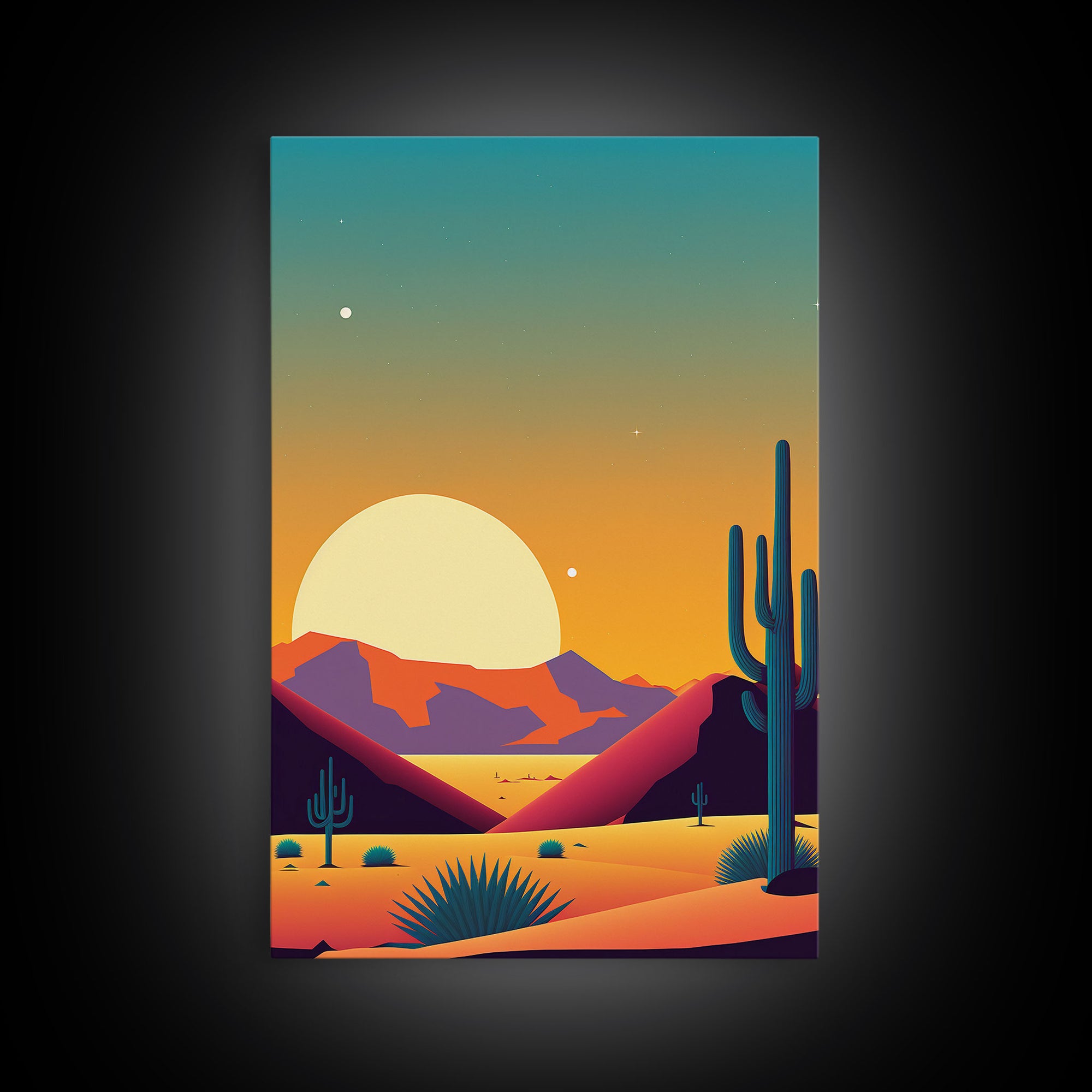 Framed Canvas Print - Pop Art Desert Landscape at Sunset - Ready to Hang Wall Art - Retro Desert Prints - Minimalist Art