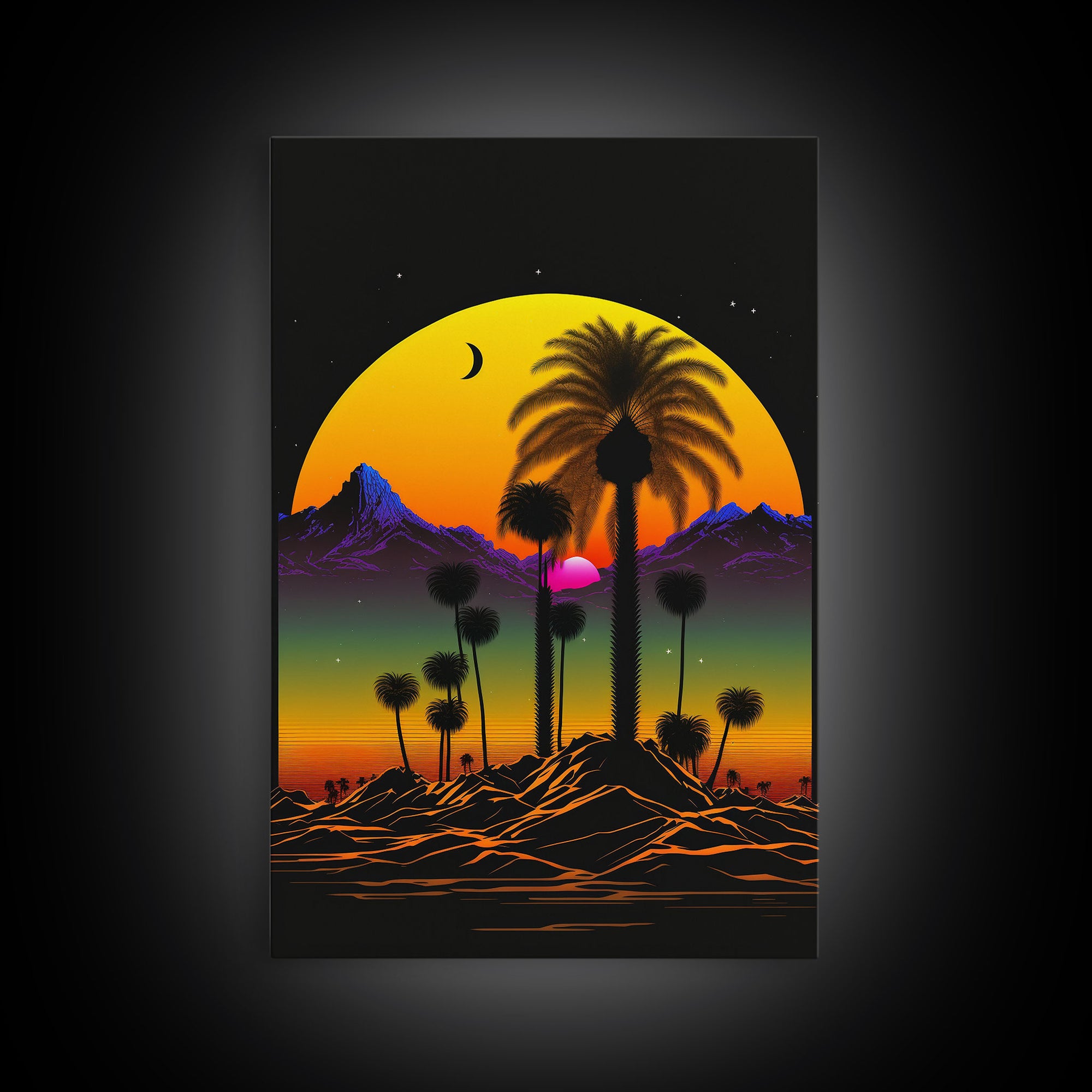 Pop Art Framed Canvas Print of Desert Landscape at Sunset, Outrun Style Sunset Full Moon Art, Unique 80s Vibe Retro Art