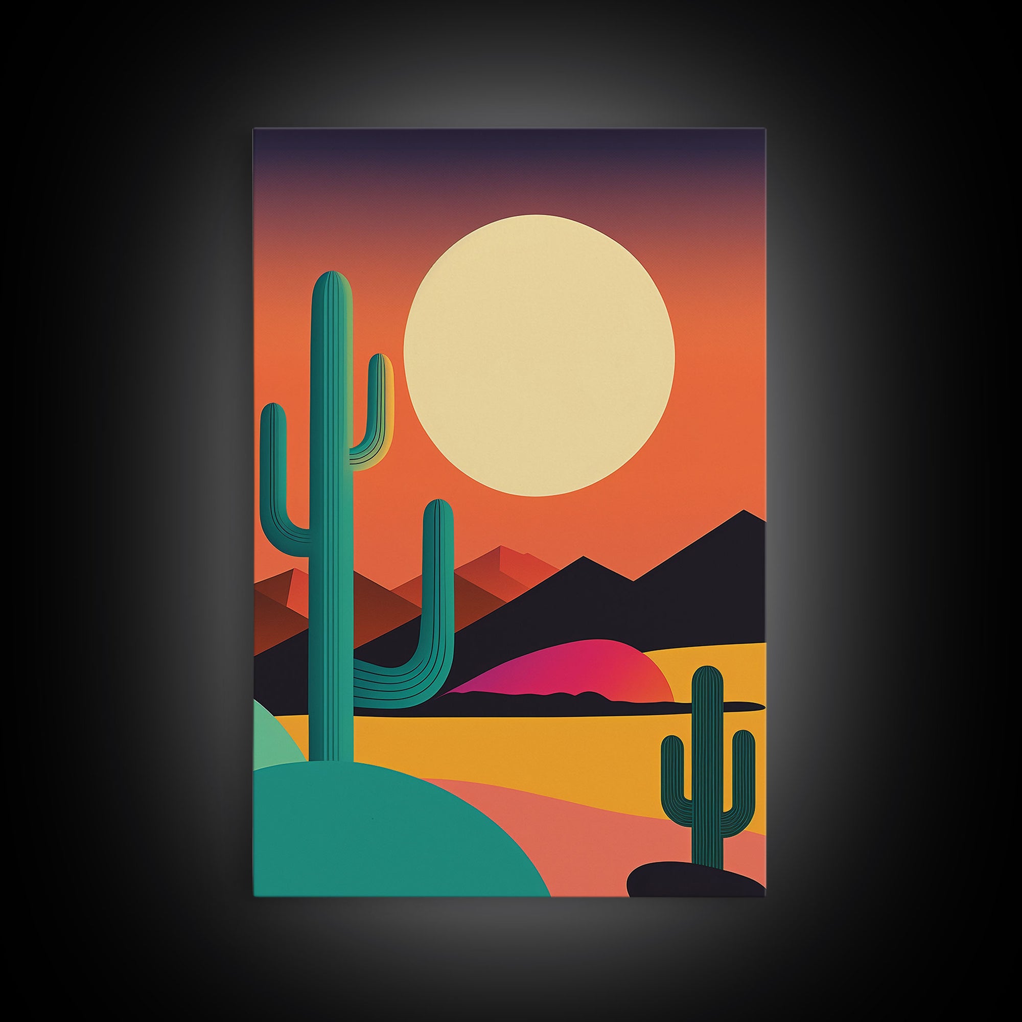 Pop Art Framed Canvas Print of Desert Landscape at Sunset, Outrun Style Sunset Full Moon Art, Unique 80s Vibe Retro Art, Art Deco