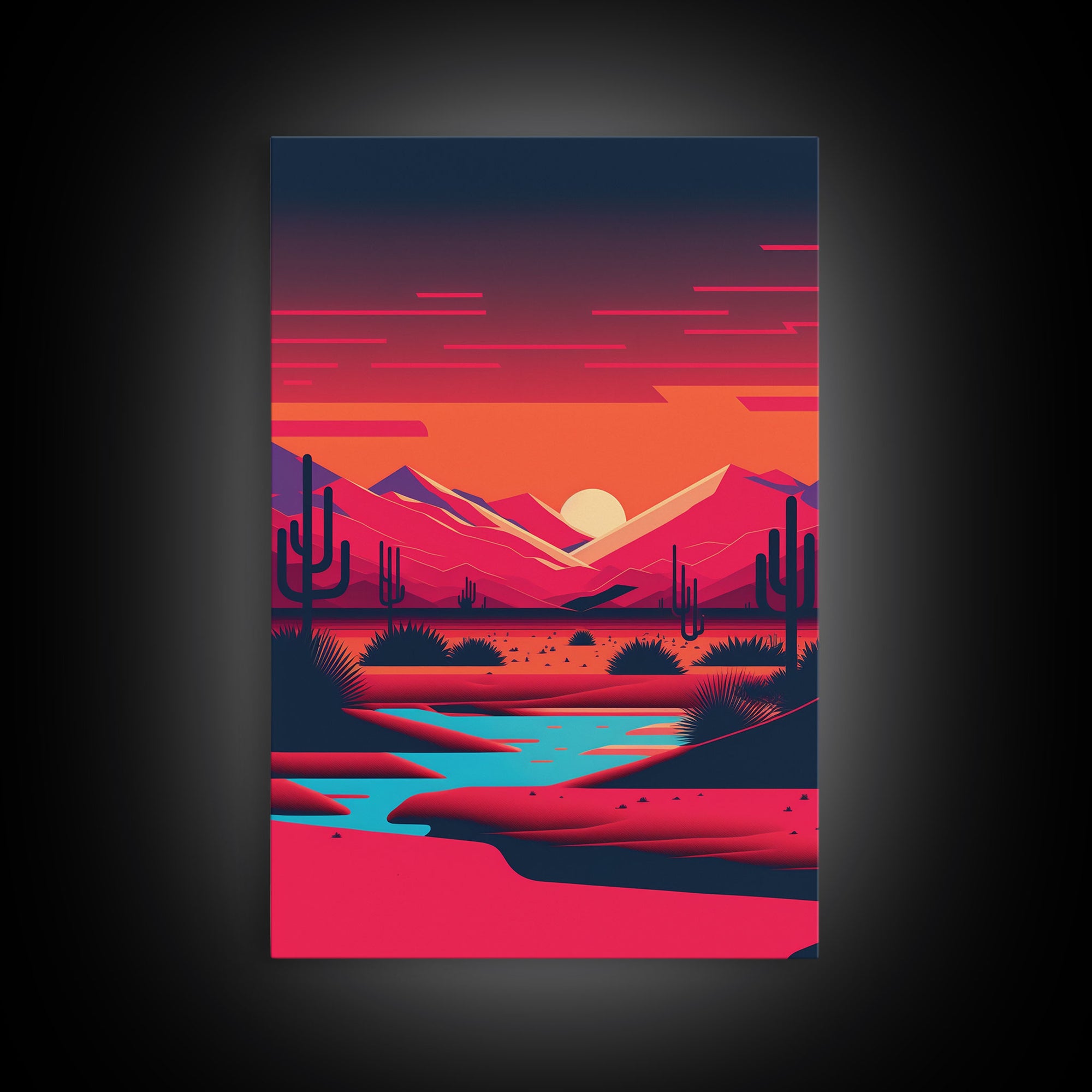 Retro Synthwave Desert Landscape Art, Framed Canvas Print, Unique Sunset Art, Living Room Wall Decor, Framed Art