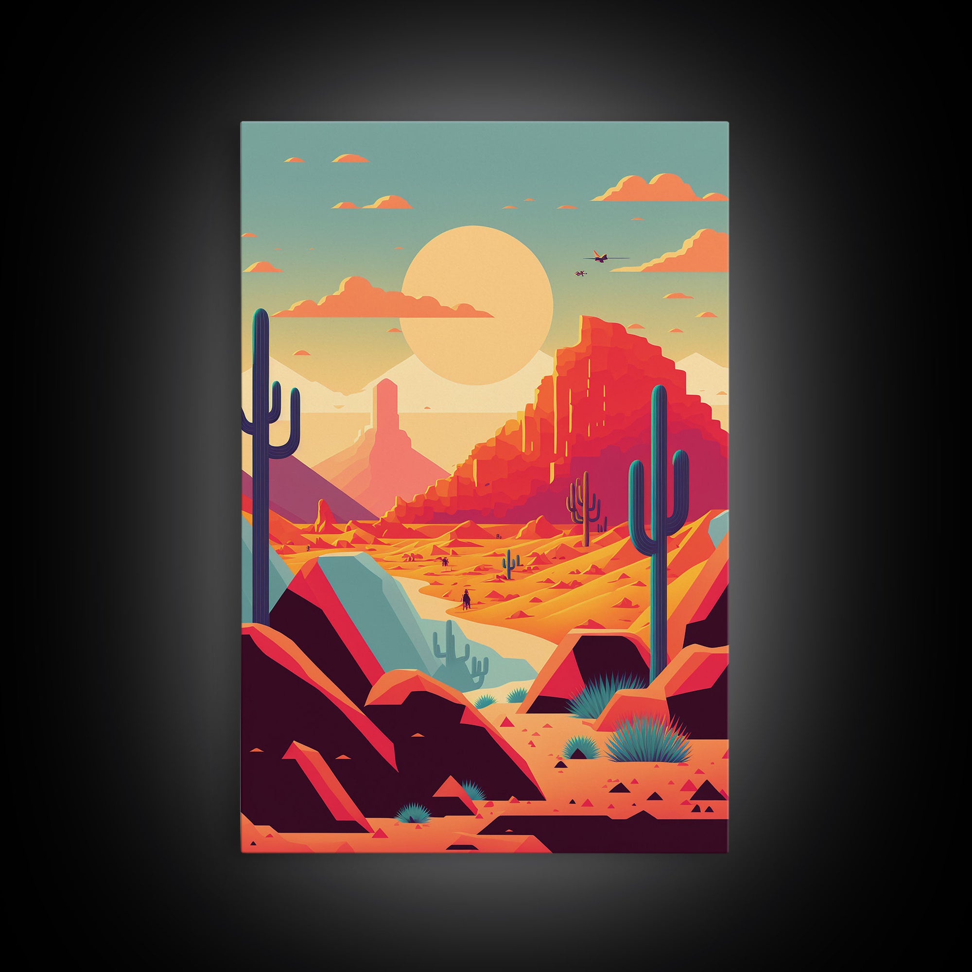 Retro Synthwave Desert Landscape Art, Framed Canvas Print, Unique Sunset Art, Living Room Wall Decor, Framed Art, Southwest Decor