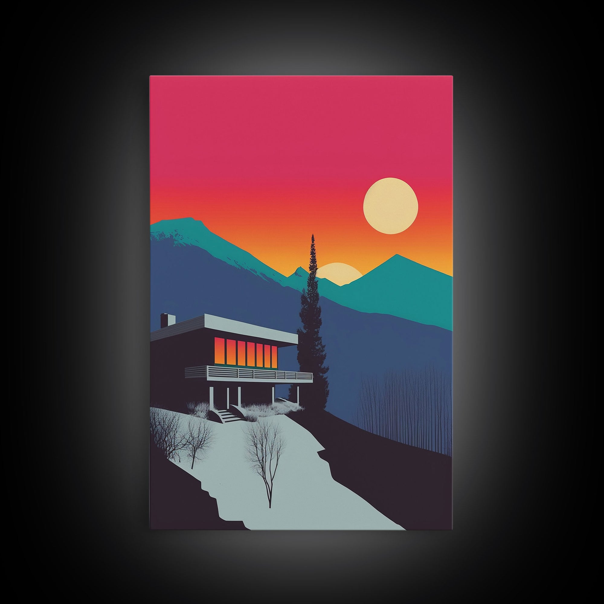 The Lodge, MCM Architecture Art, Framed Canvas Print, Midcentury Mountainside Villa, Colorado Rockies Pop Art