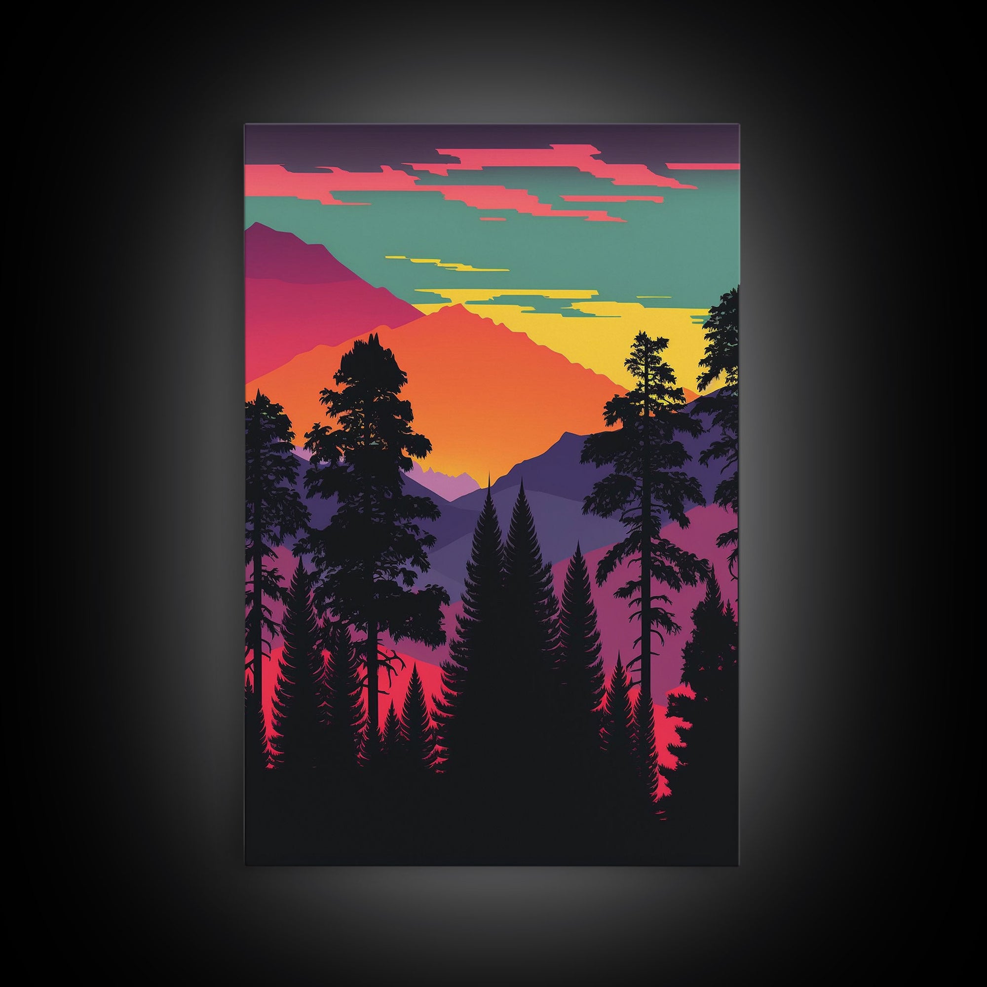 Pacific Northwest Pop Art, Framed Canvas Prints, Washington State, Pine Tree Forest and Mountain Landscape at Sunset, Vibrant Art