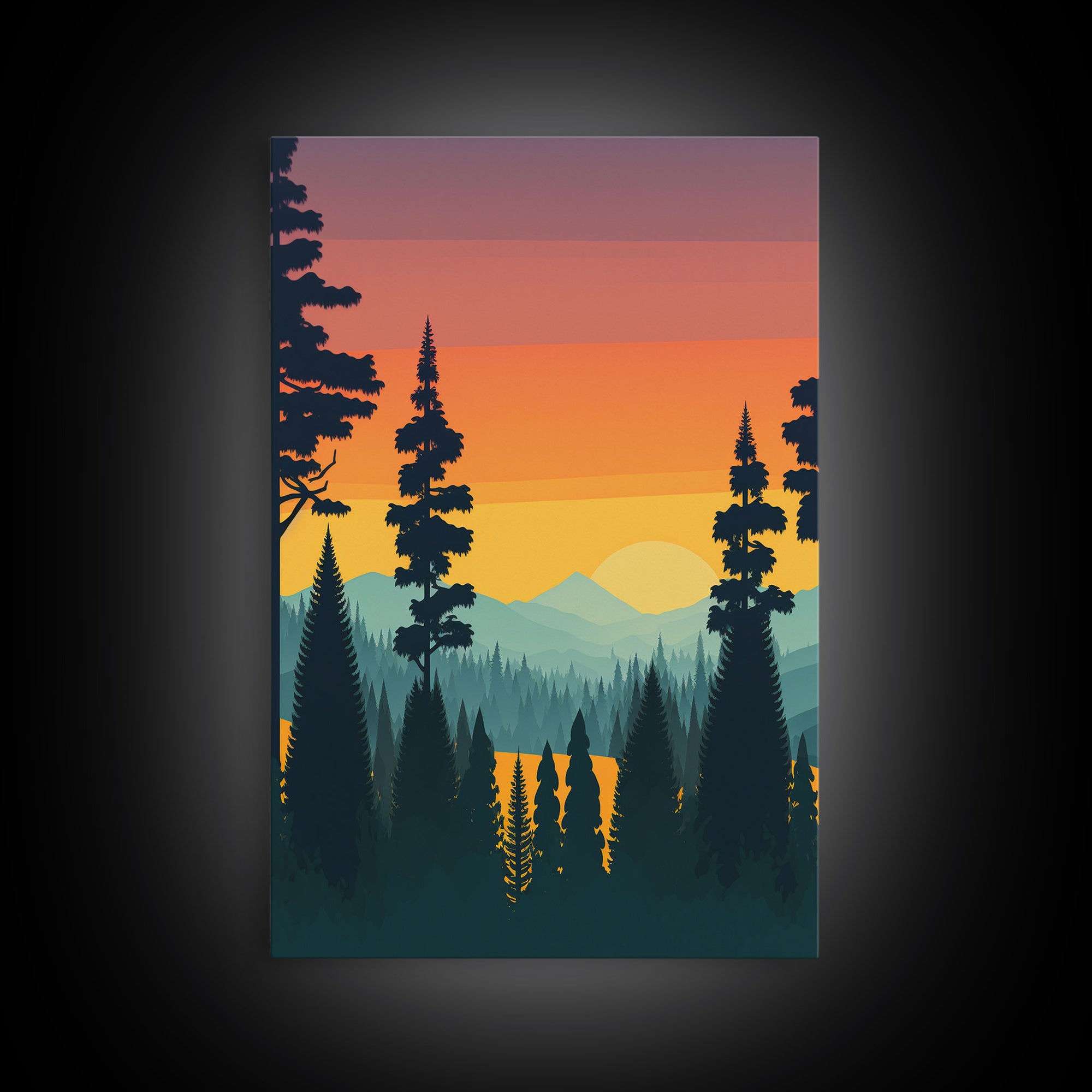 Oregon Landscape Pop Art, Framed Canvas Prints, Washington State, Pine Tree Forest and Mountain Landscape at Sunset, Vibrant Art