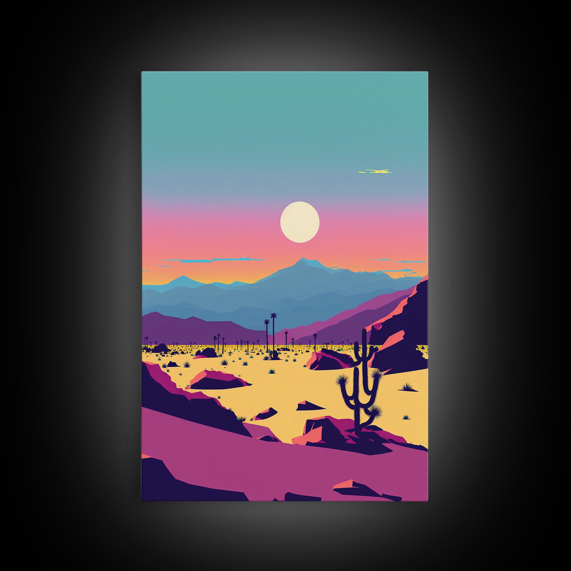 Synthwave Desert Landscape, Subdued Pastel Nature Art, Southwestern Decor, Framed Canvas Print, Pink and Turquoise Skies