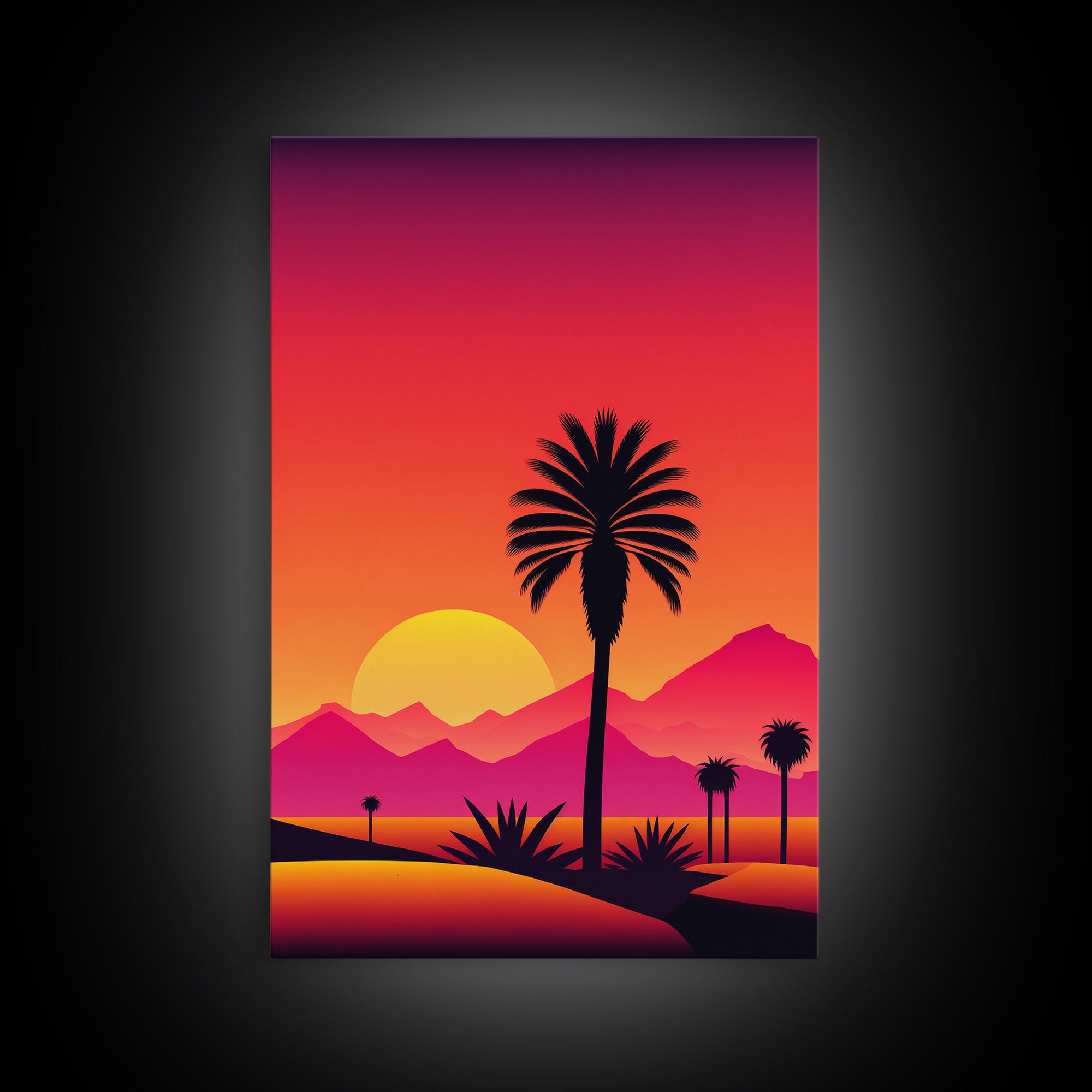 Palm Trees at Sunset, Synthwave Decor, 80s Retro Vibes Landscape Art, Framed Canvas Print