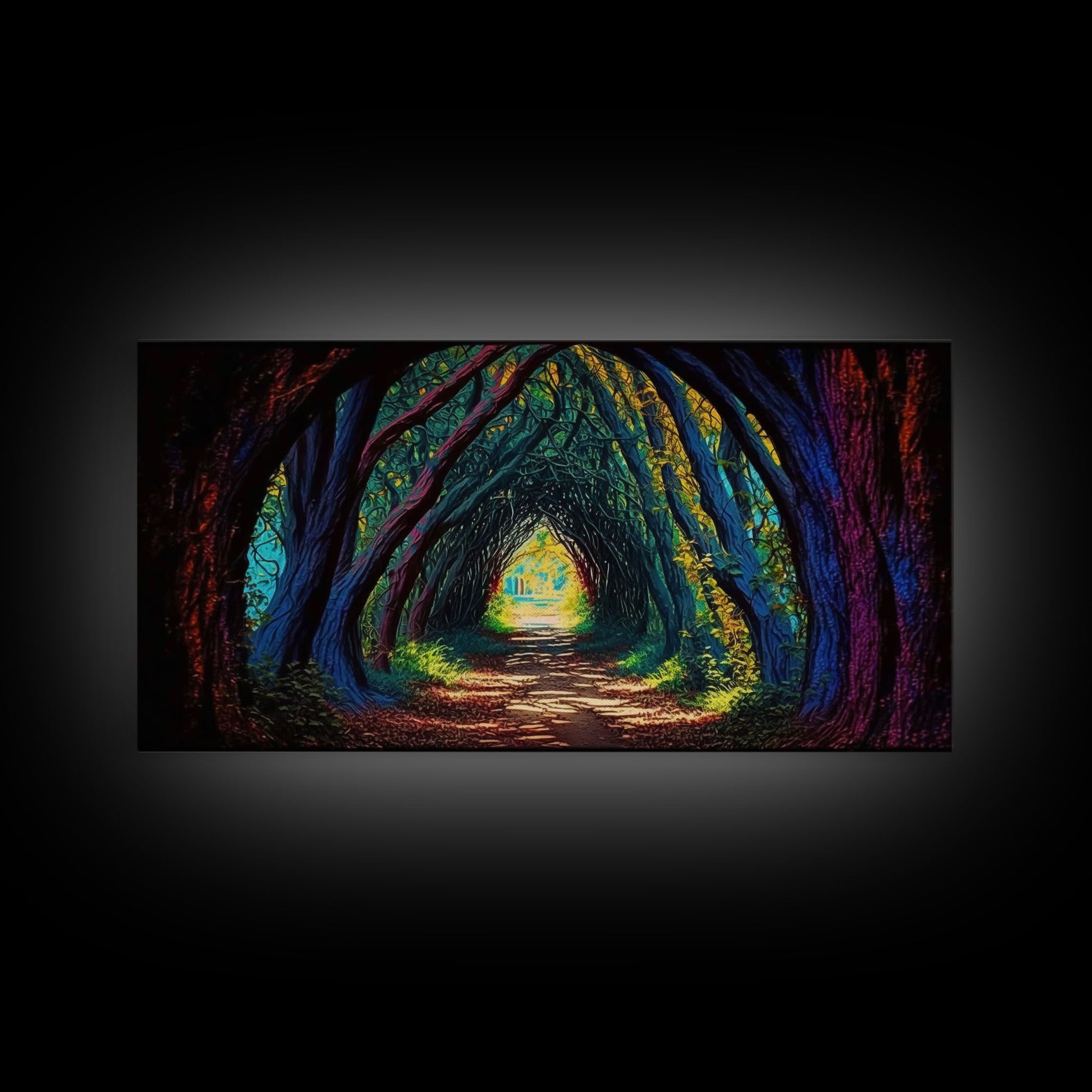 The Path through The Trees, Fantasy Art, Framed Canvas Print, RPG concept Art, Magical glowing forest