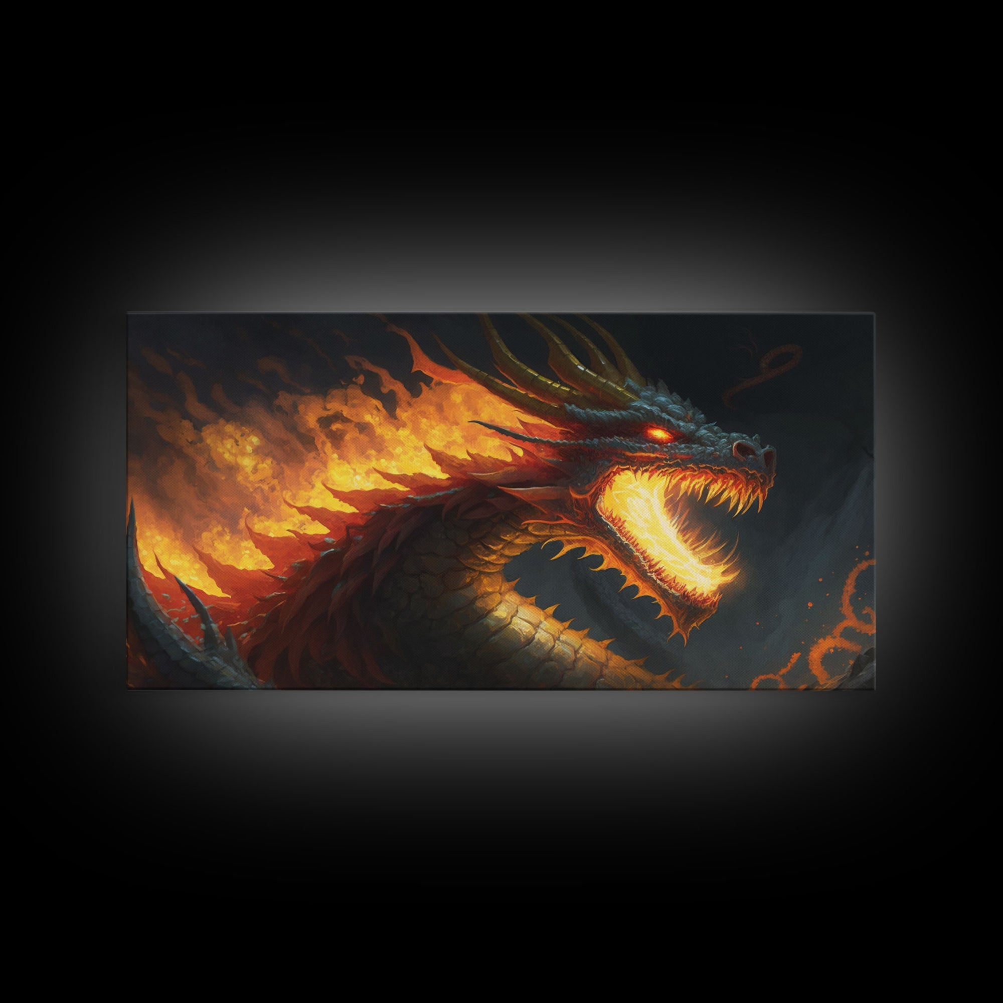 Fire Breathing Horned Dragon, Framed Canvas Print, Colorful Fantasy Wall Art, Videogame Concept Decor