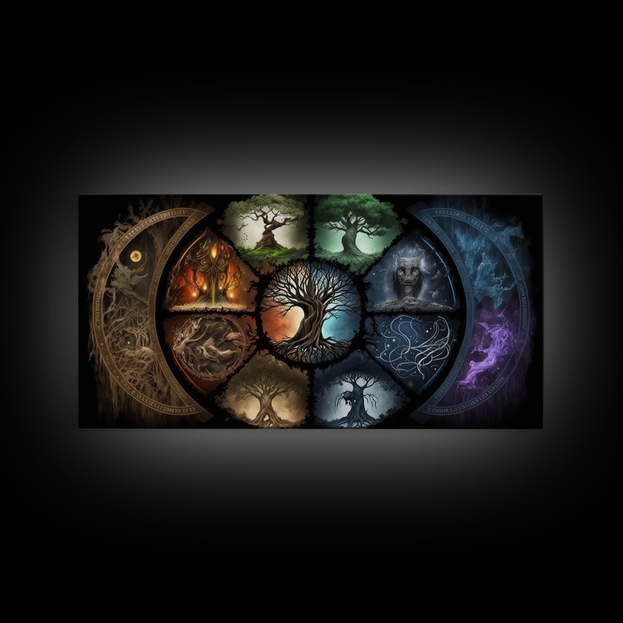 The Interconnected 9 Realms of Norse Mythology with Yggdrasil, Nordic Art, Framed Canvas Print, Nine Realms, Viking Art