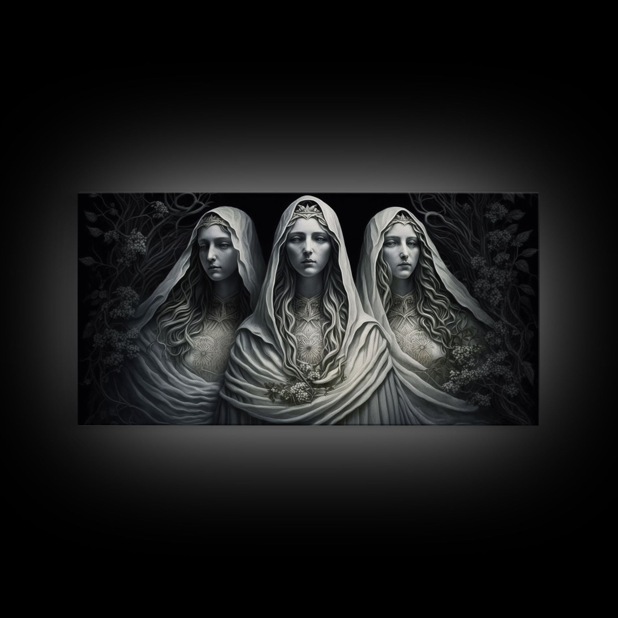 The Norns, Norse Mythology, Weavers of Fate, Framed Canvas Print,  Urðr, Verðandi, and Skuld, Black and White Norse Fantasy Art