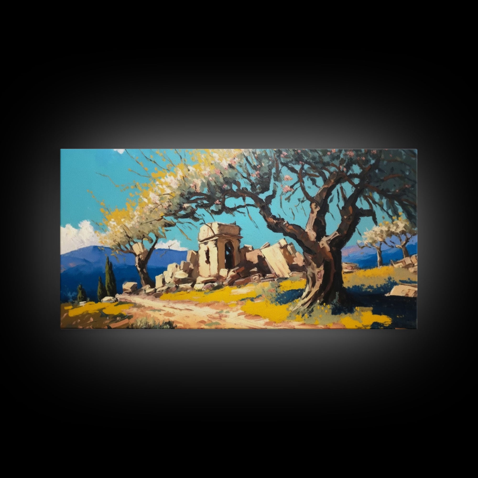 Ancient Roman Ruins, Framed Canvas Print, Old World Art, Olive Tree Amongst The Ruins, Living Room Decor