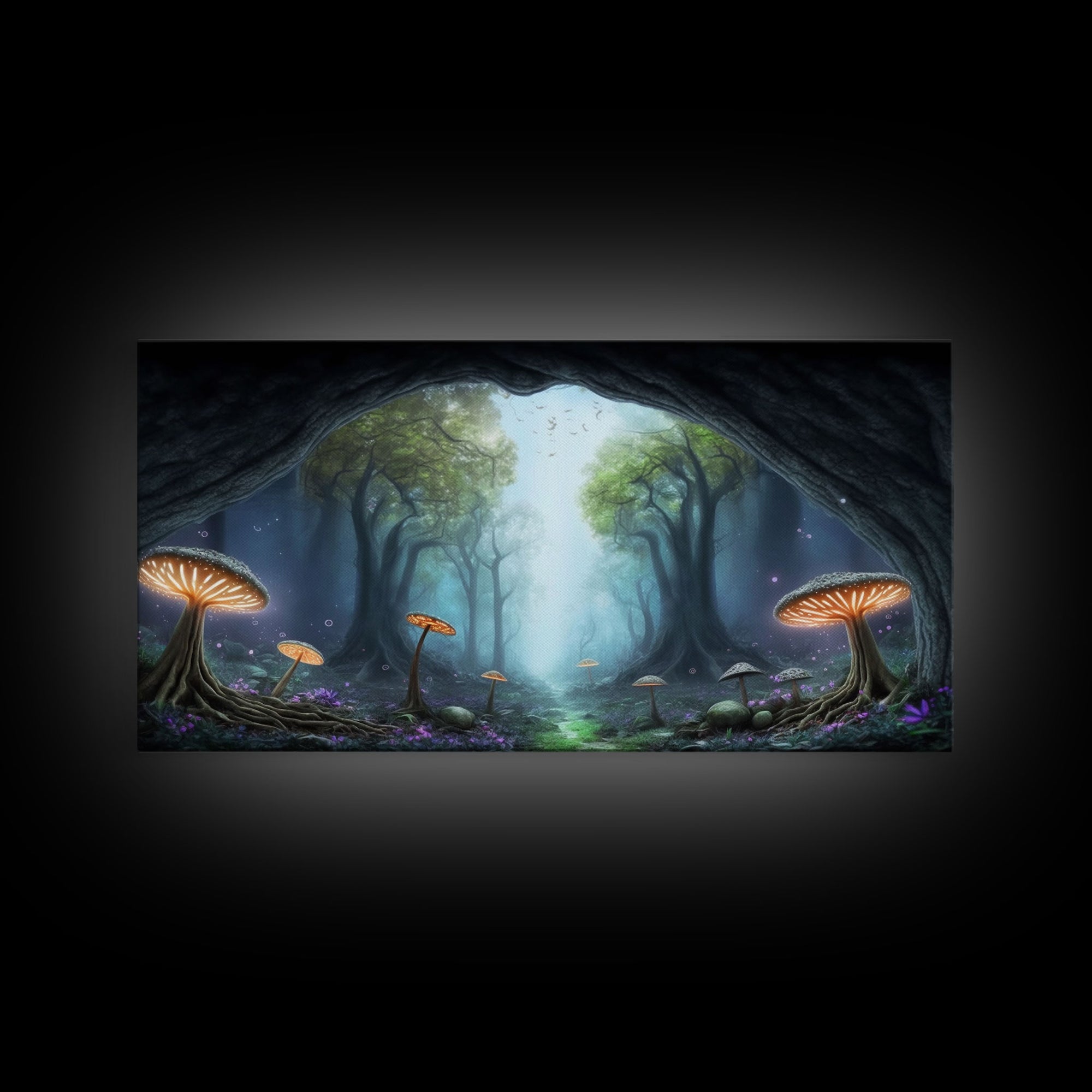 Magical Enchanted Mushroom Forest, Fantasy Art, Framed Canvas Print, Bioluminescent Butterflies in an Enchanted Forest, Glowing Art