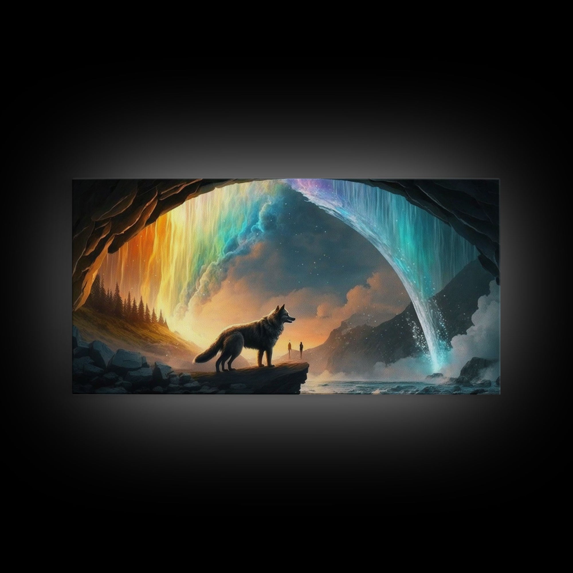 Fenrir, Mythological Wolf, With Bifrost. Norse Mythology Fantasy Art, Framed Canvas Print, Nordic Art