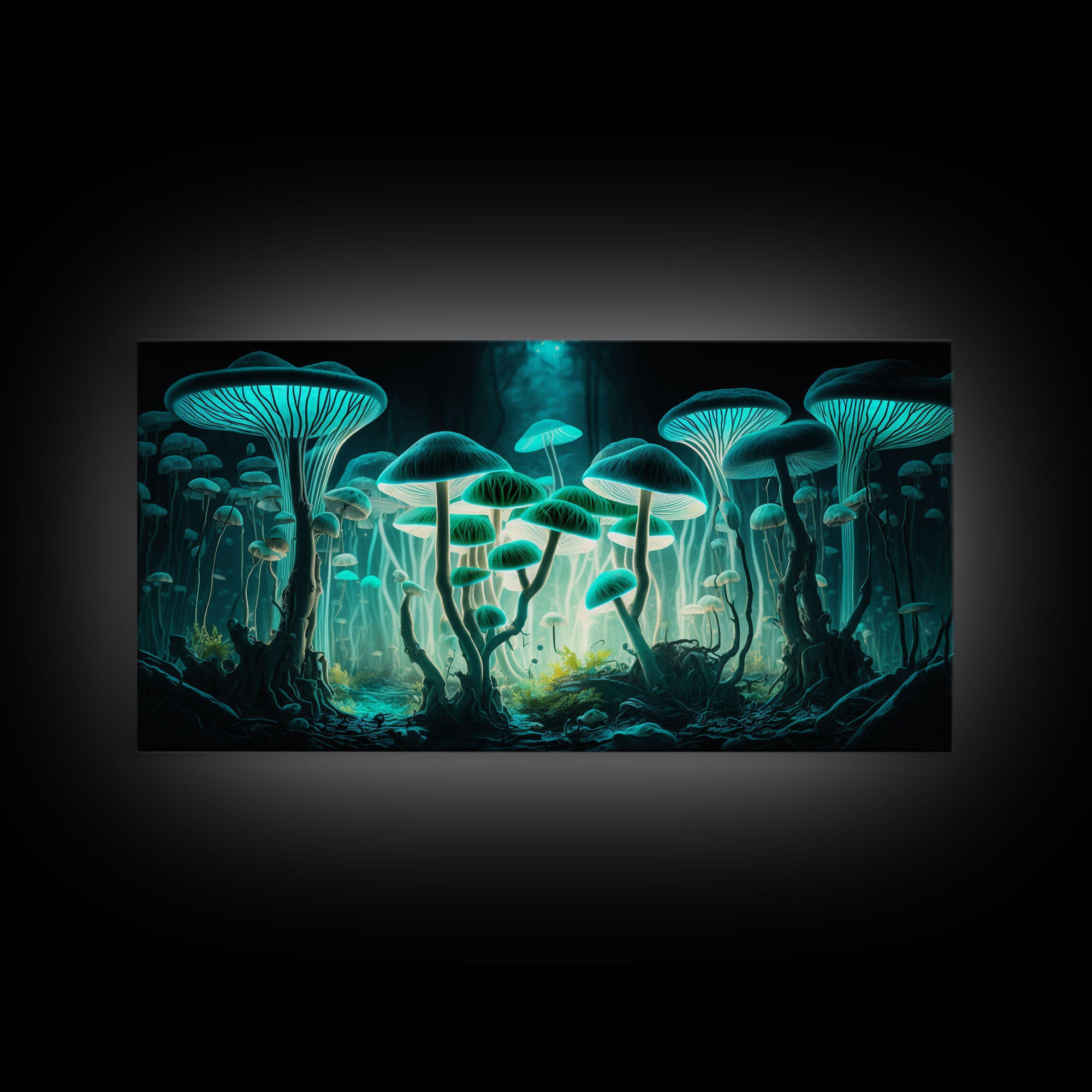 The Forest Floor, Framed Canvas Print, Glowing Mushrooms, Bioluminescent Mushroom Art, Color fantasy wall art