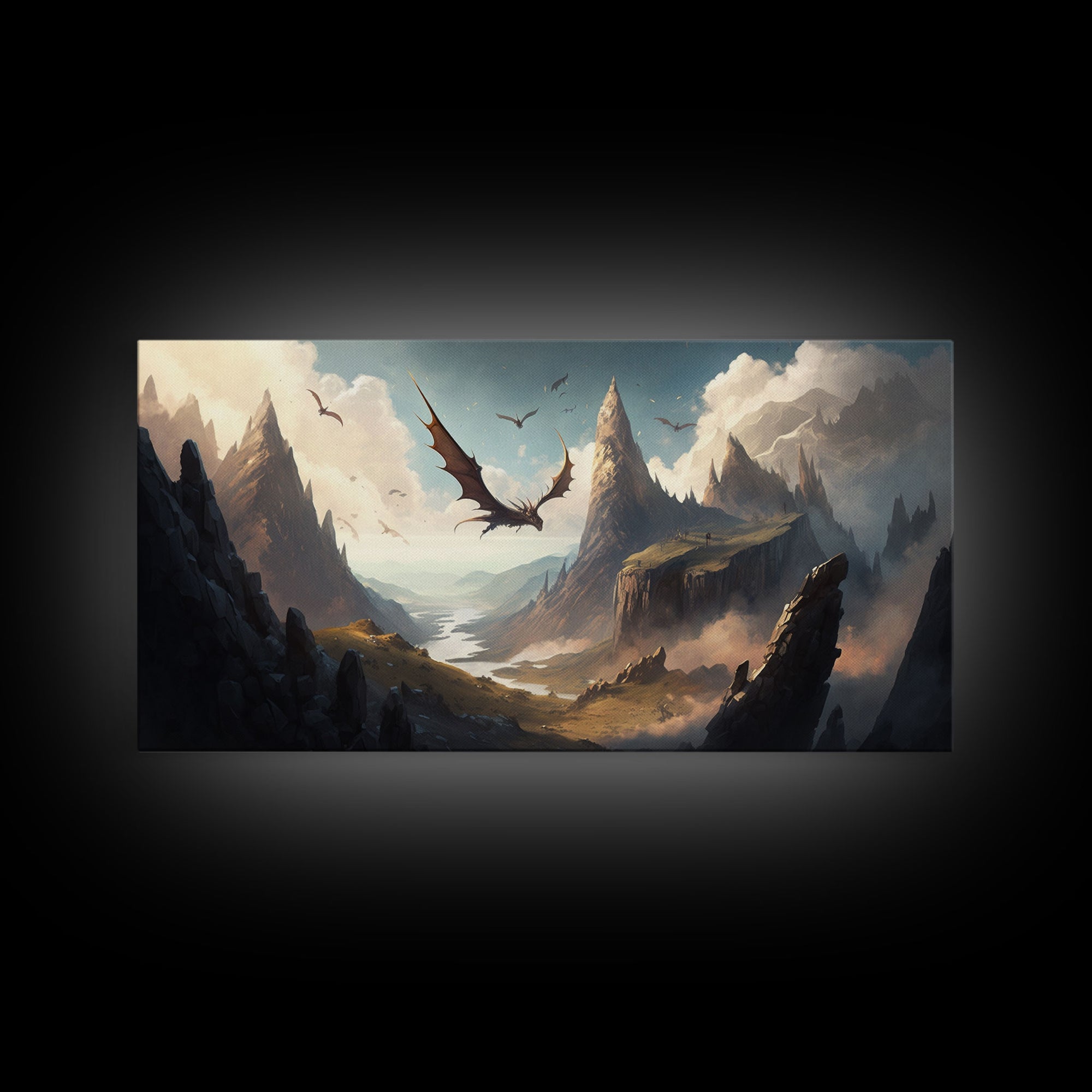 Dragons in Flight Over a Valley, Fantasy Art, Framed Canvas Print, Medieval Fantasy Art, Fire breathing dragons