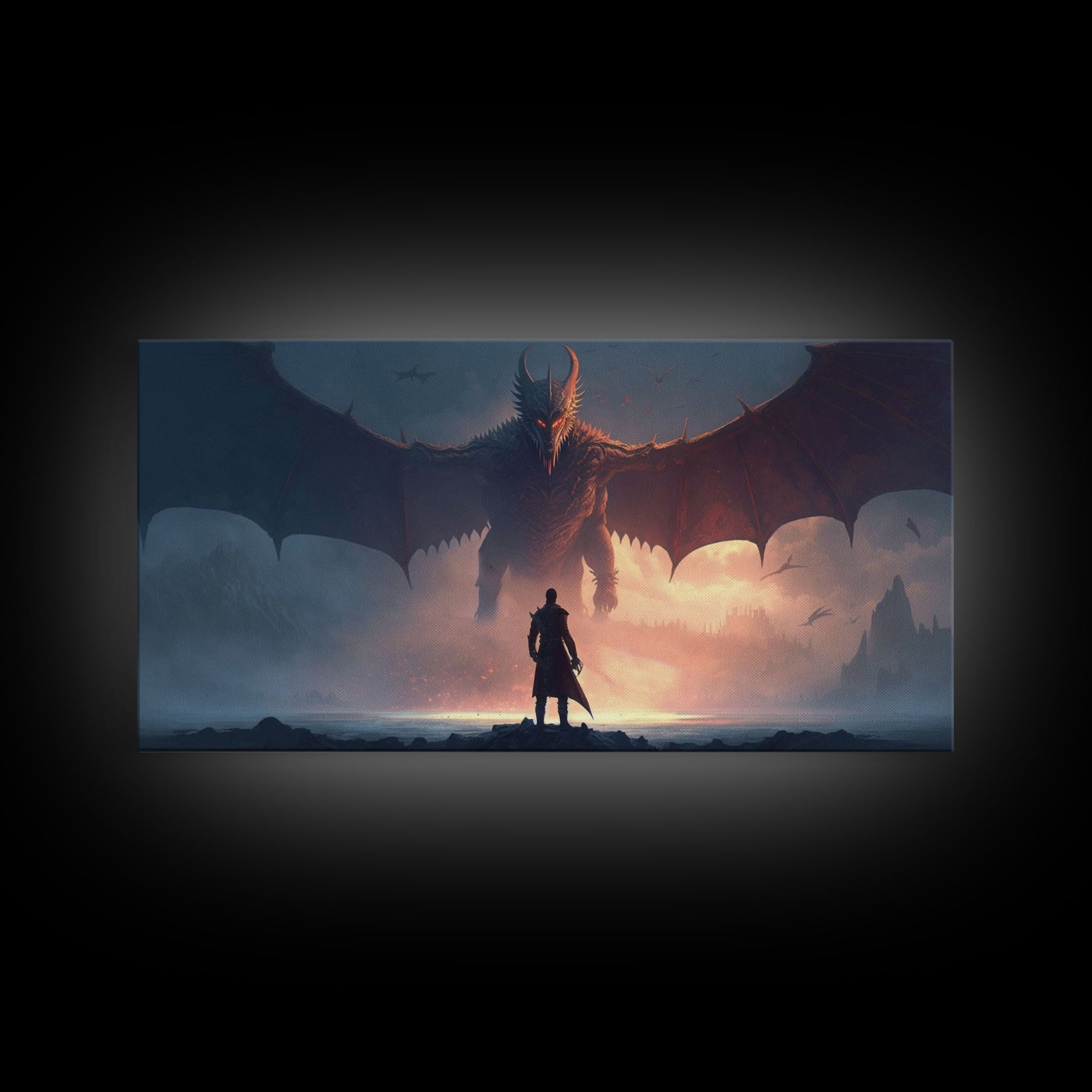 Warrior Facing Down a Dragon, Framed Canvas Print, Unique Fantasy Wall Art, In The Time of Dragons