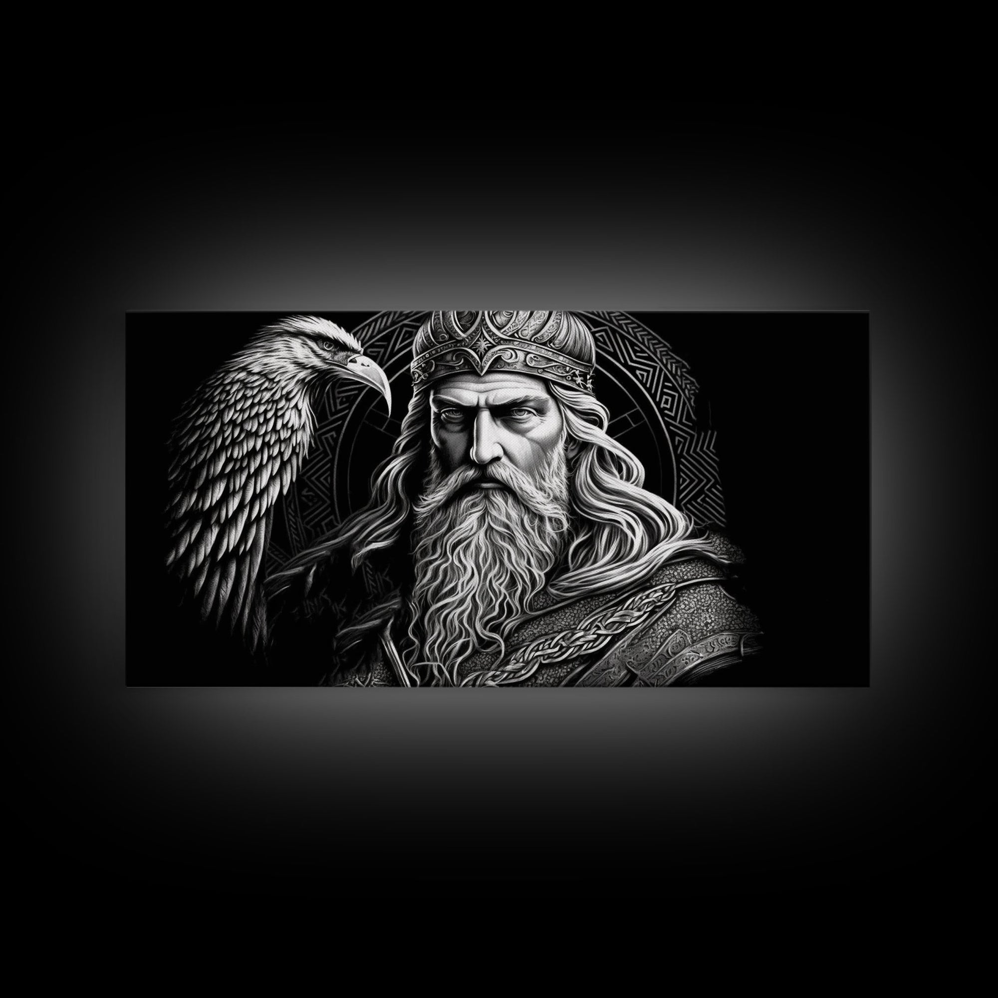 Black and White Portrait of Odin and Muninn, King of The Gods, Framed Canvas Print, Odin's Ravens, Norse Mythology Art