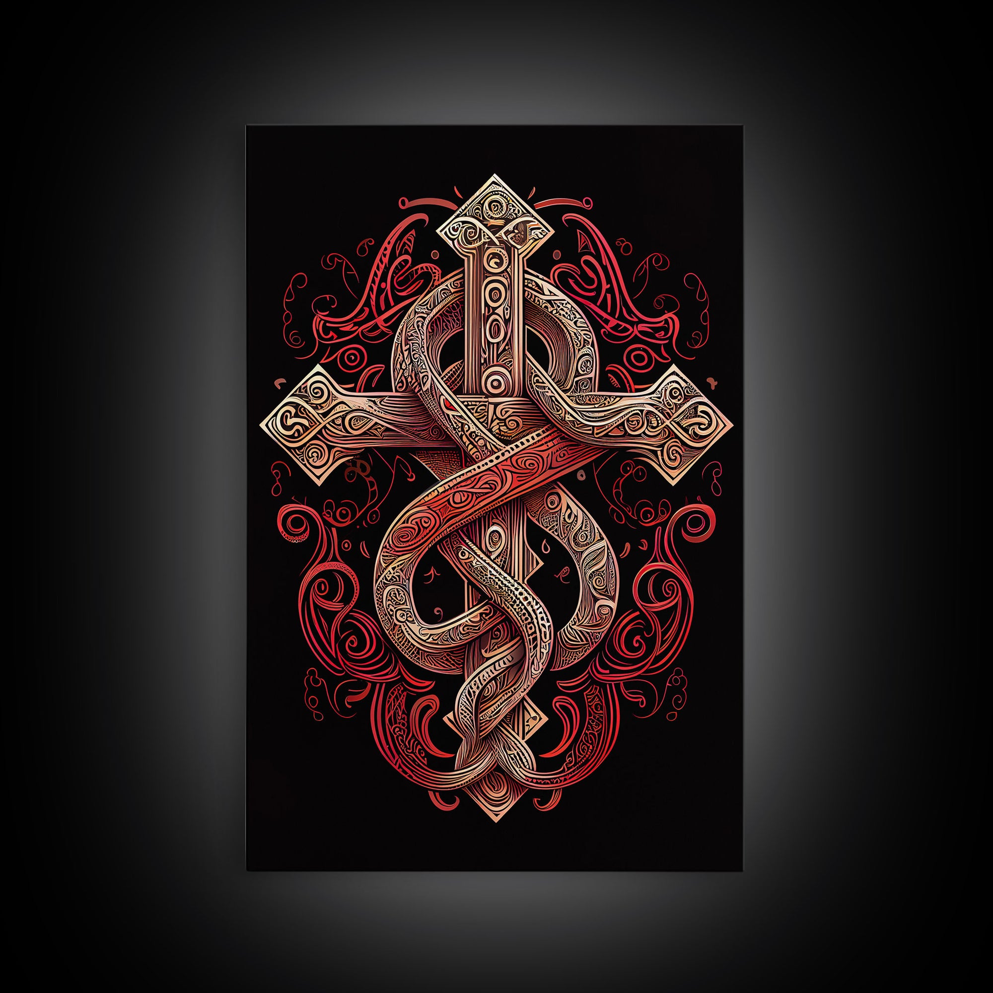 Cool Cross Art | Wall Art | Gothic Cross | Framed Canvas Print | Framed Art | Red and White Cross & Snake