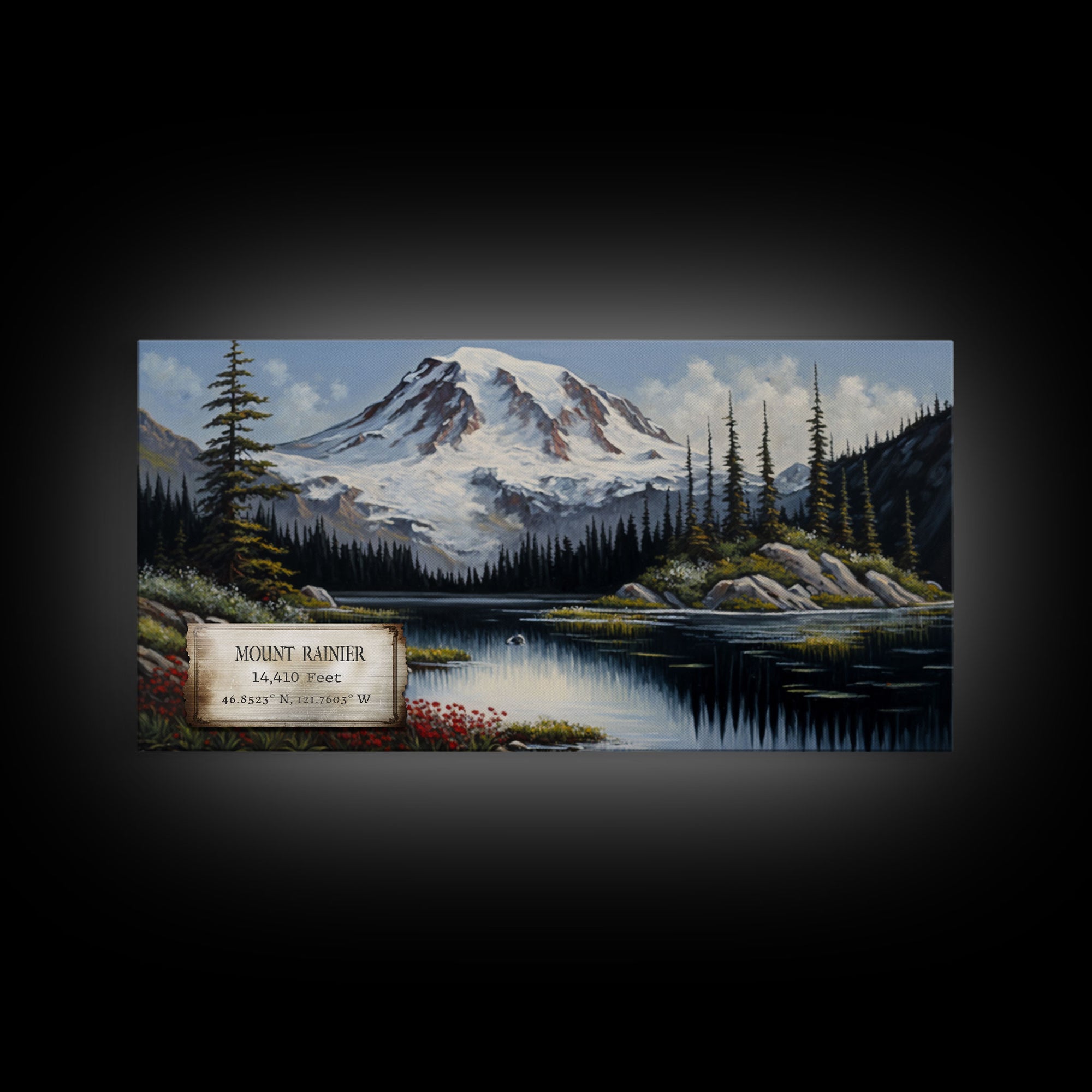 Mount Rainier, Travel Poster Wall Art, Framed Canvas Print, American Mountains, Mountain Landscape Painting, Washington State Art