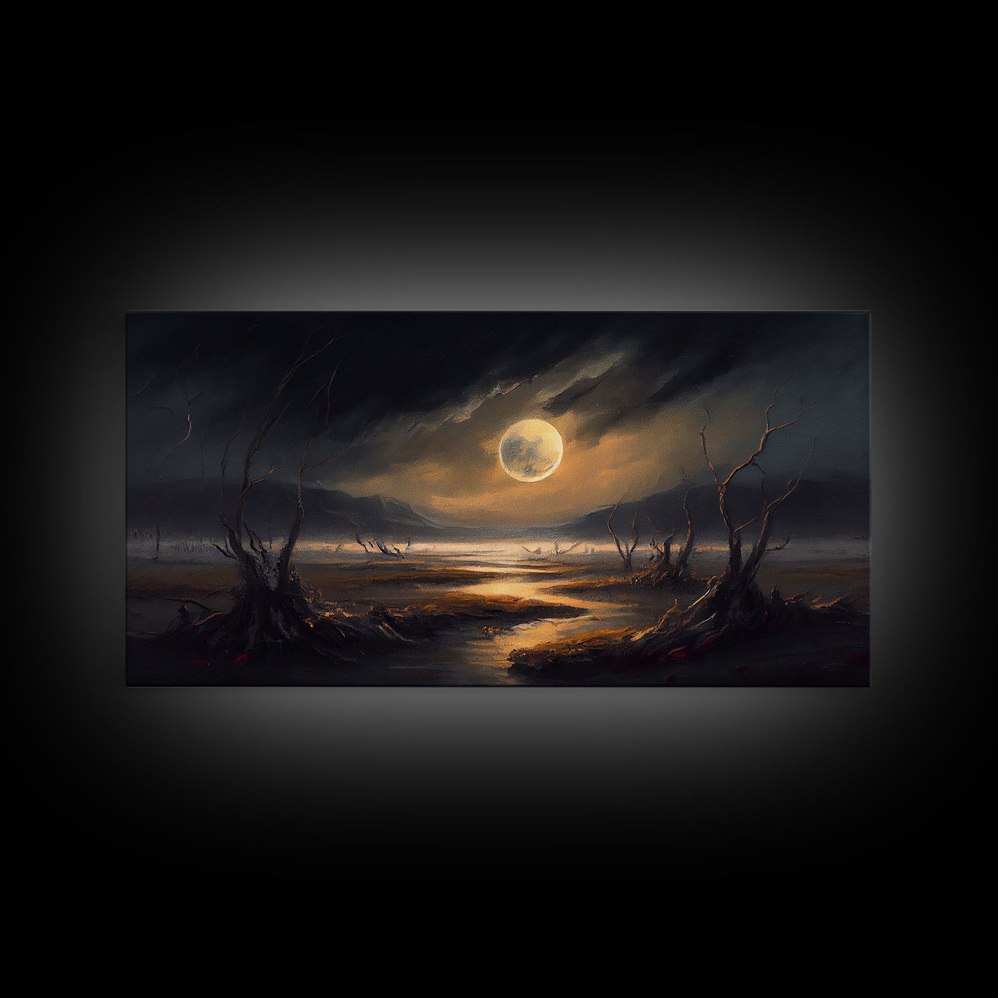 Midnight In The Swamp, Framed Canvas Print, Fantasy Art Canvas, Wall Art, Game Room Art, Full moon