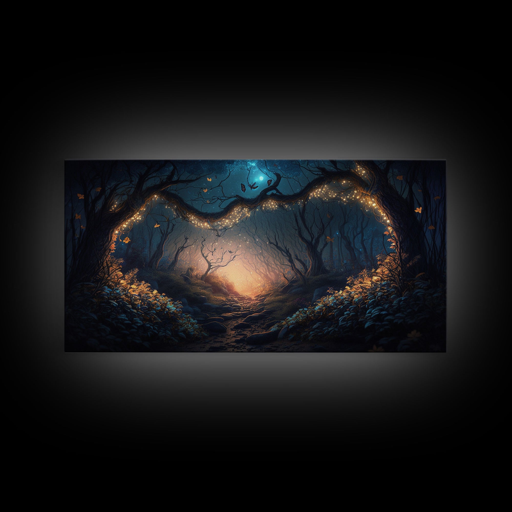 Wreath of Fireflies, Beautiful Fantasy Art, Framed Canvas Print, Moonlit Forest Floor Fantasy Concept Art