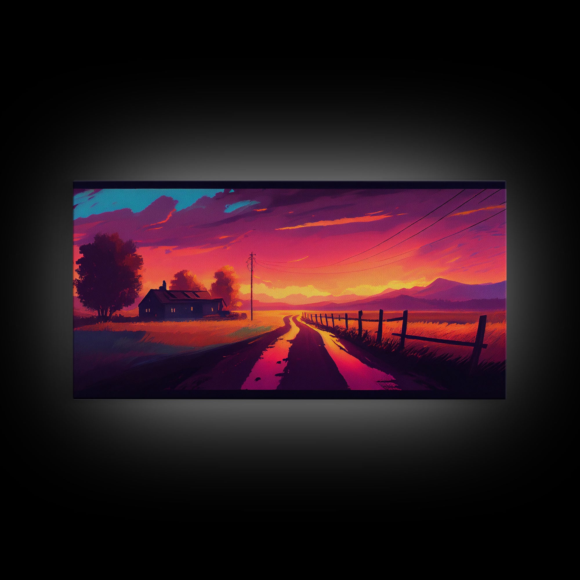 Synthwave Style Farmhouse Art, Dirt Roads, Country Roads, Sunset Art, Framed Wall Art, Canvas Print, Watercolor Wall Art Original Painting