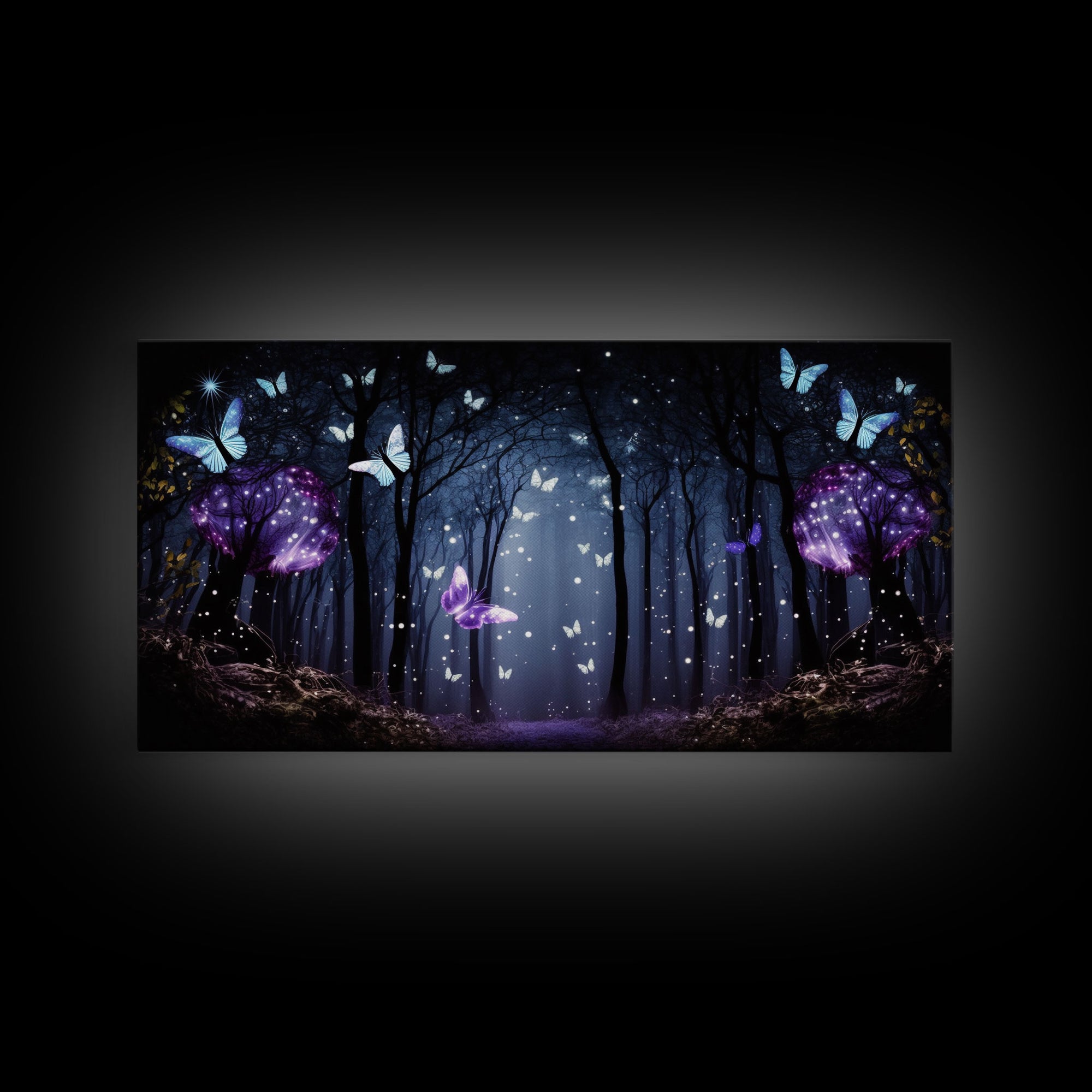 Glowing Butterflies, Framed Canvas Print, Fantasy Decor, High Fantasy Canvas Art, Fairy Forest