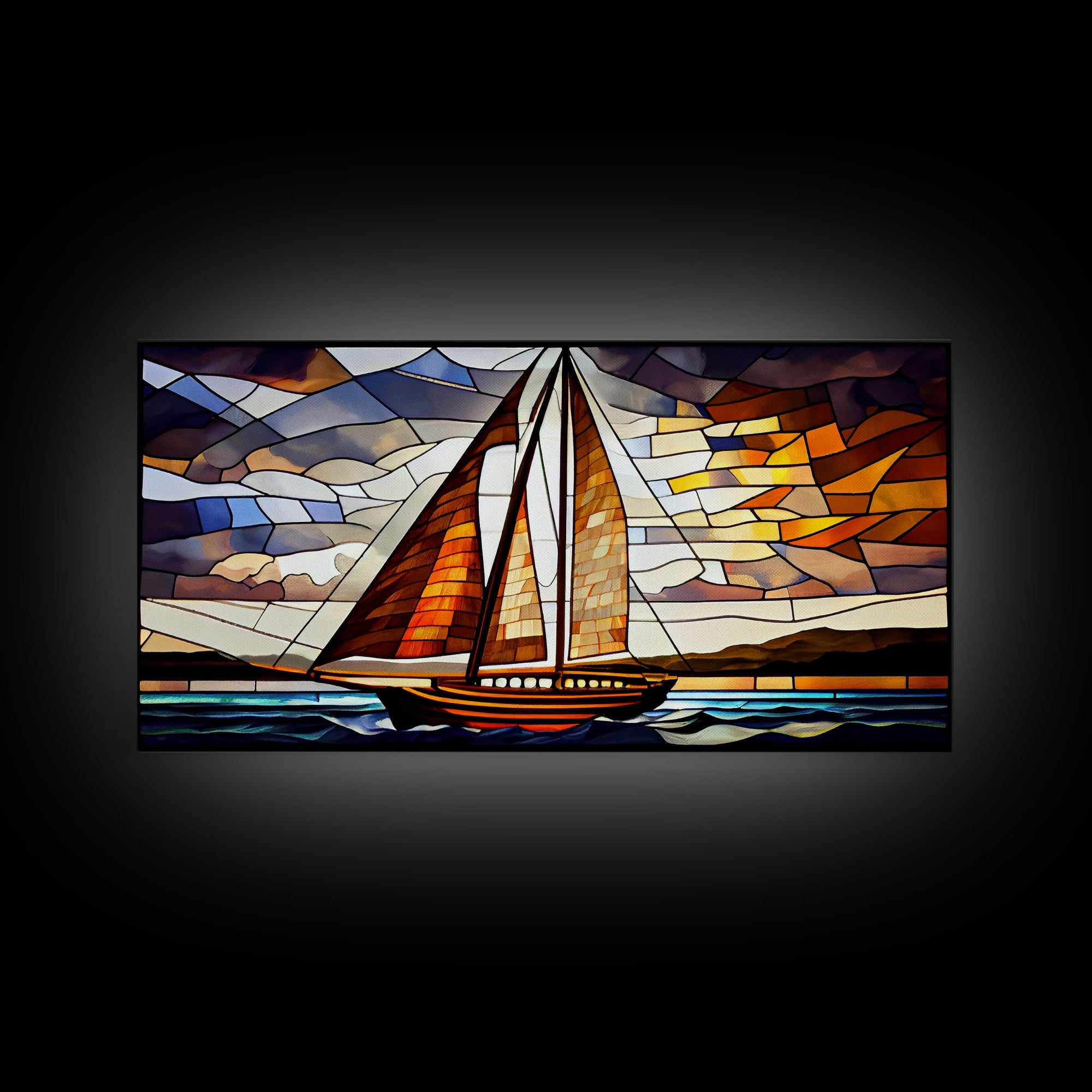 Art Deco Stained Glass Sail Boat Wall Art | Framed Canvas Print | Nautical Art | Seascape Art | Beach House Decor