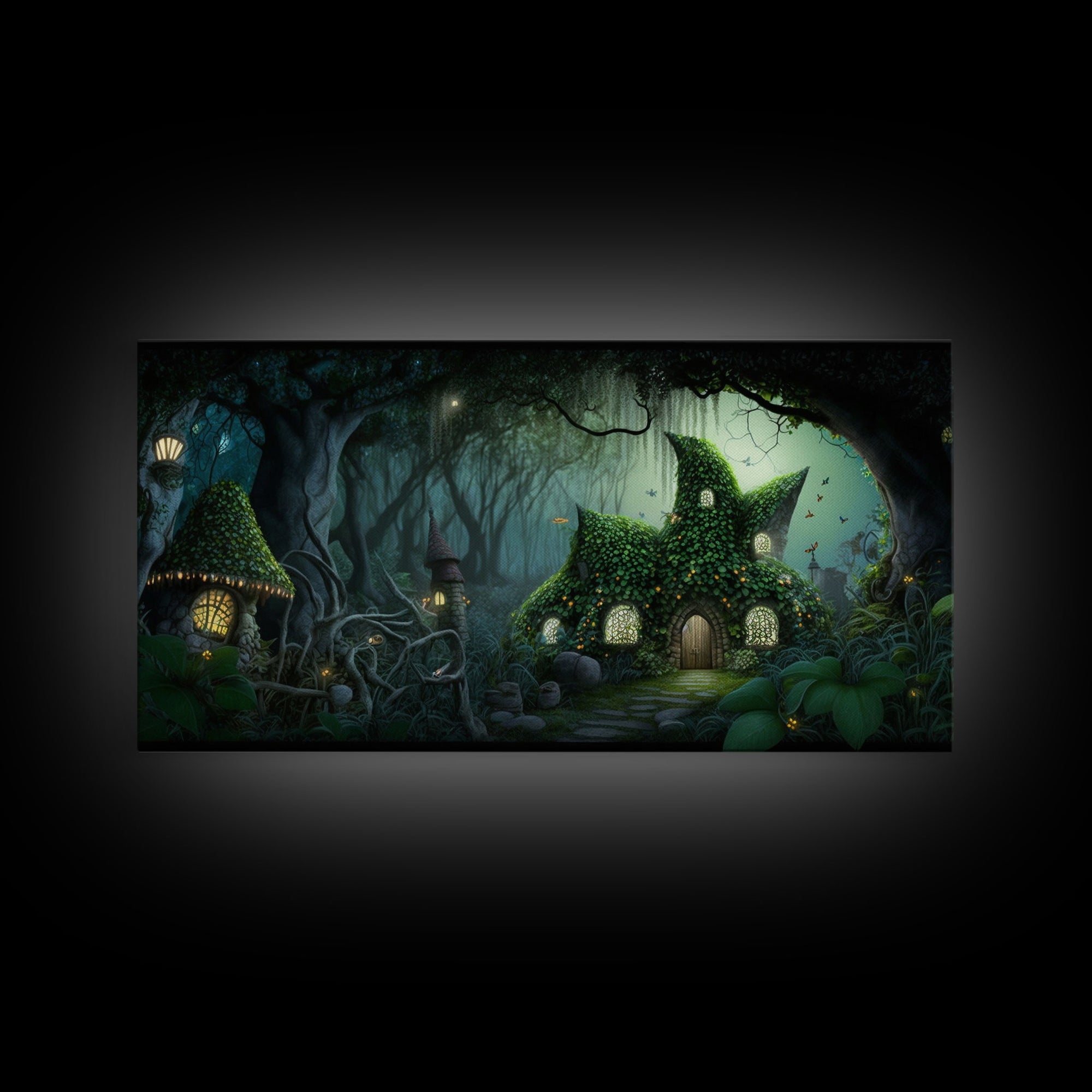 Gnome City, Wall Art, Fantasy Canvas Print, Framed Art, Tiny Gnome Houses On The Forest Floor