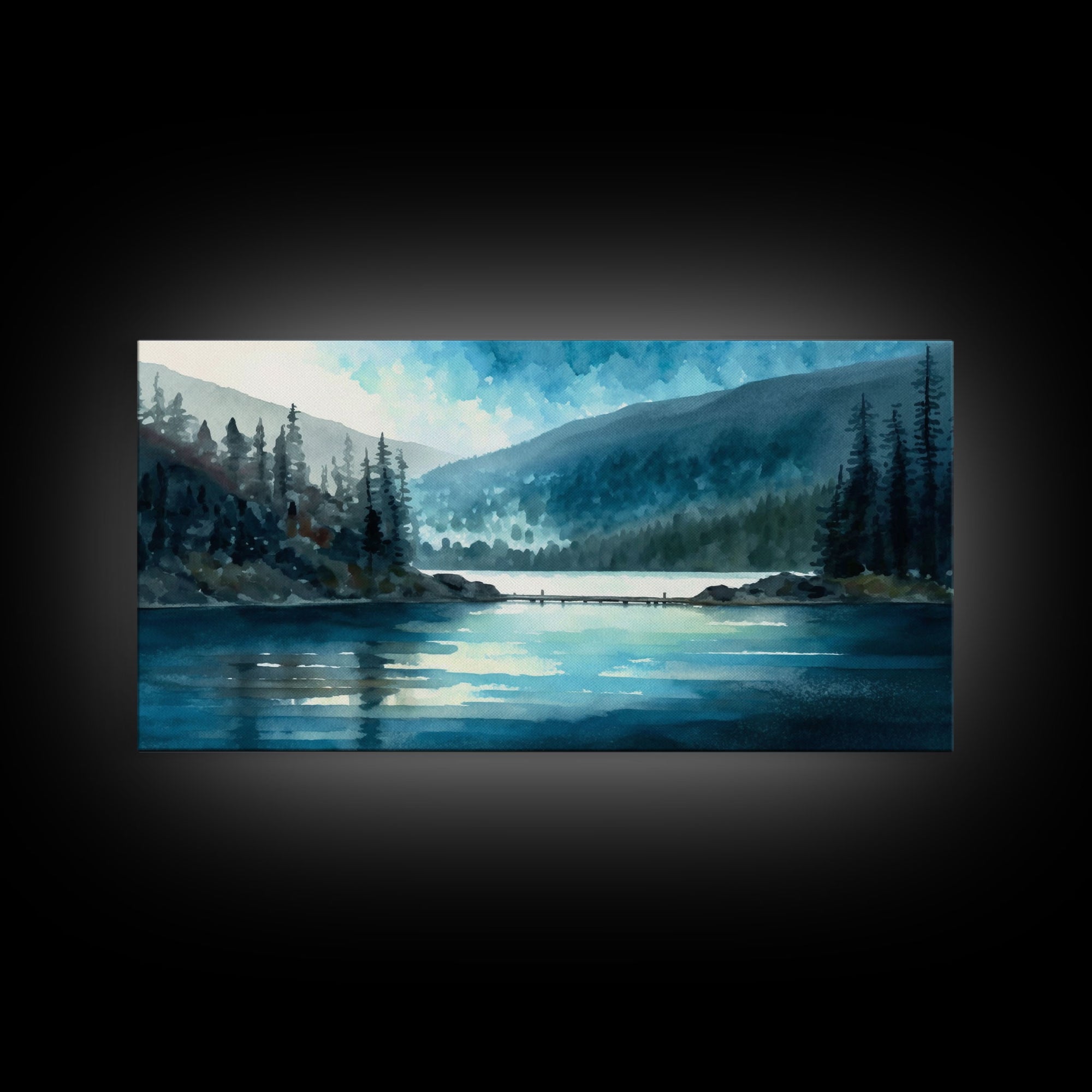 Mountain Lake, Watercolor Landscape Painting Canvas Print - Ready To Hang Large Gallery Wrapped Canvas Wall Art Prints With Floating Frames