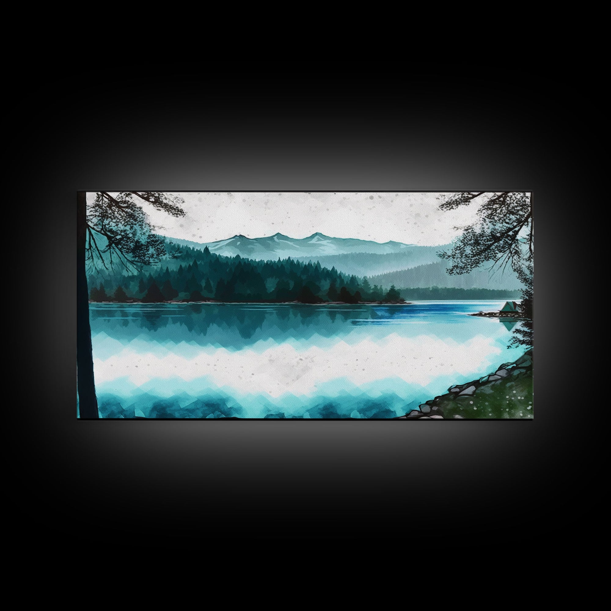 Mountain Lake, Watercolor Landscape Painting Canvas Print - Ready To Hang Large Gallery Wrapped Canvas Wall Art Prints With Floating Frames