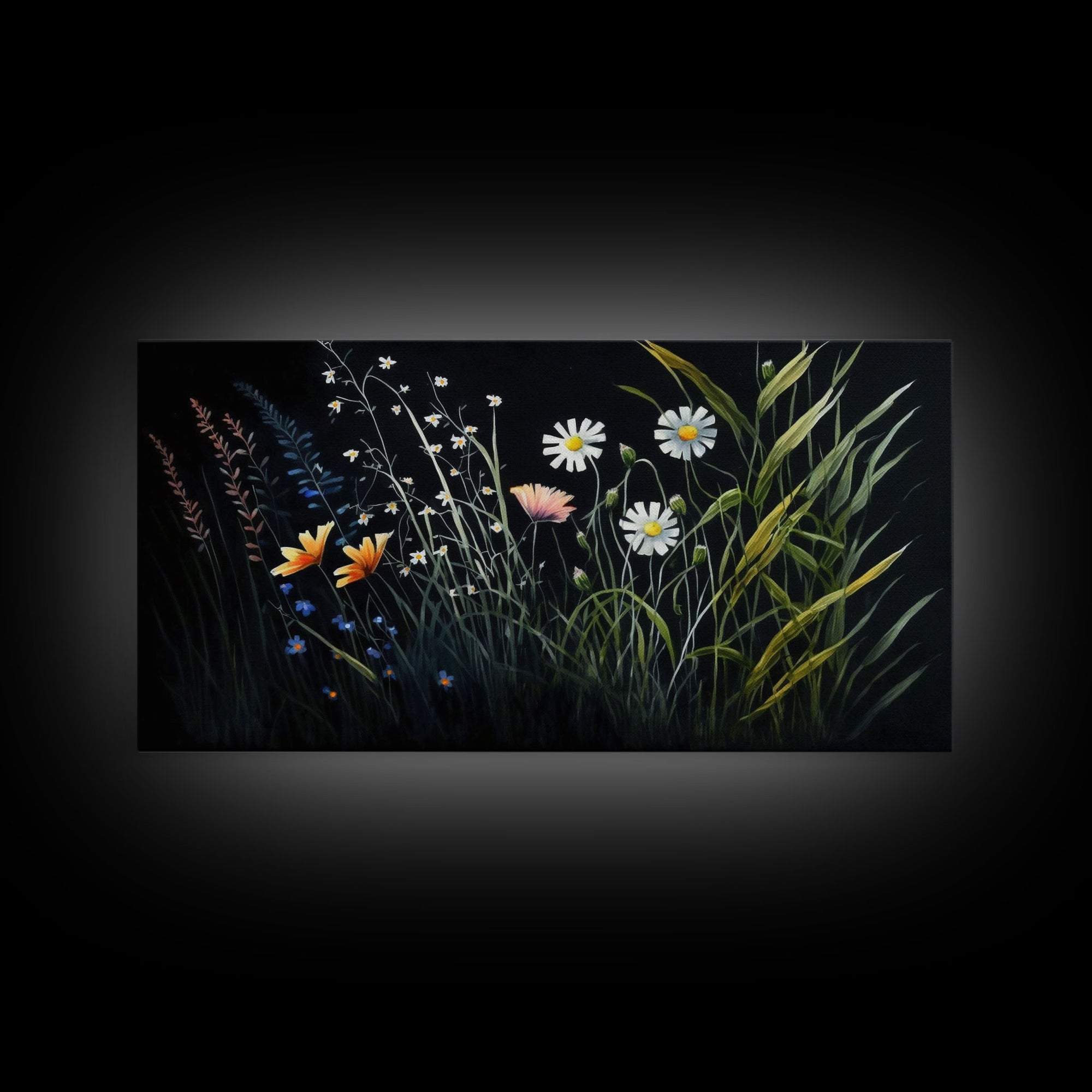 Meadow Flowers, Black Background, Framed Canvas Print, Floral Study Watercolor Painting