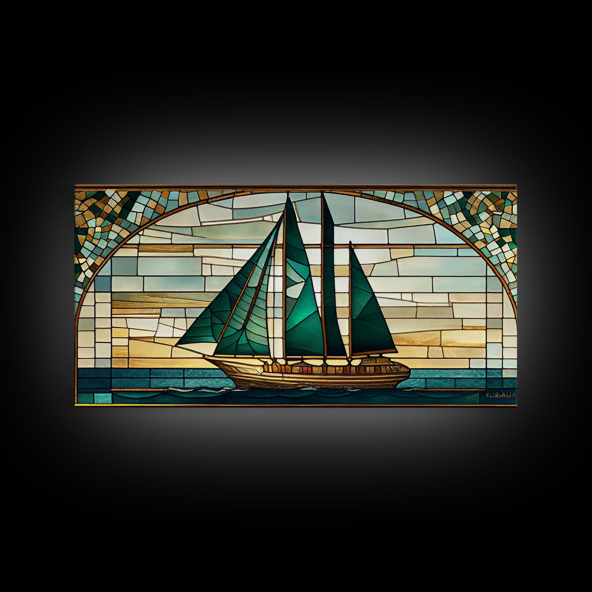 Emerald Green and Gold Art Deco Sail Boat, Framed Canvas Print, Retro MCM Style Wall Art, Midcentury Modern, Stained Glass, Huge Art