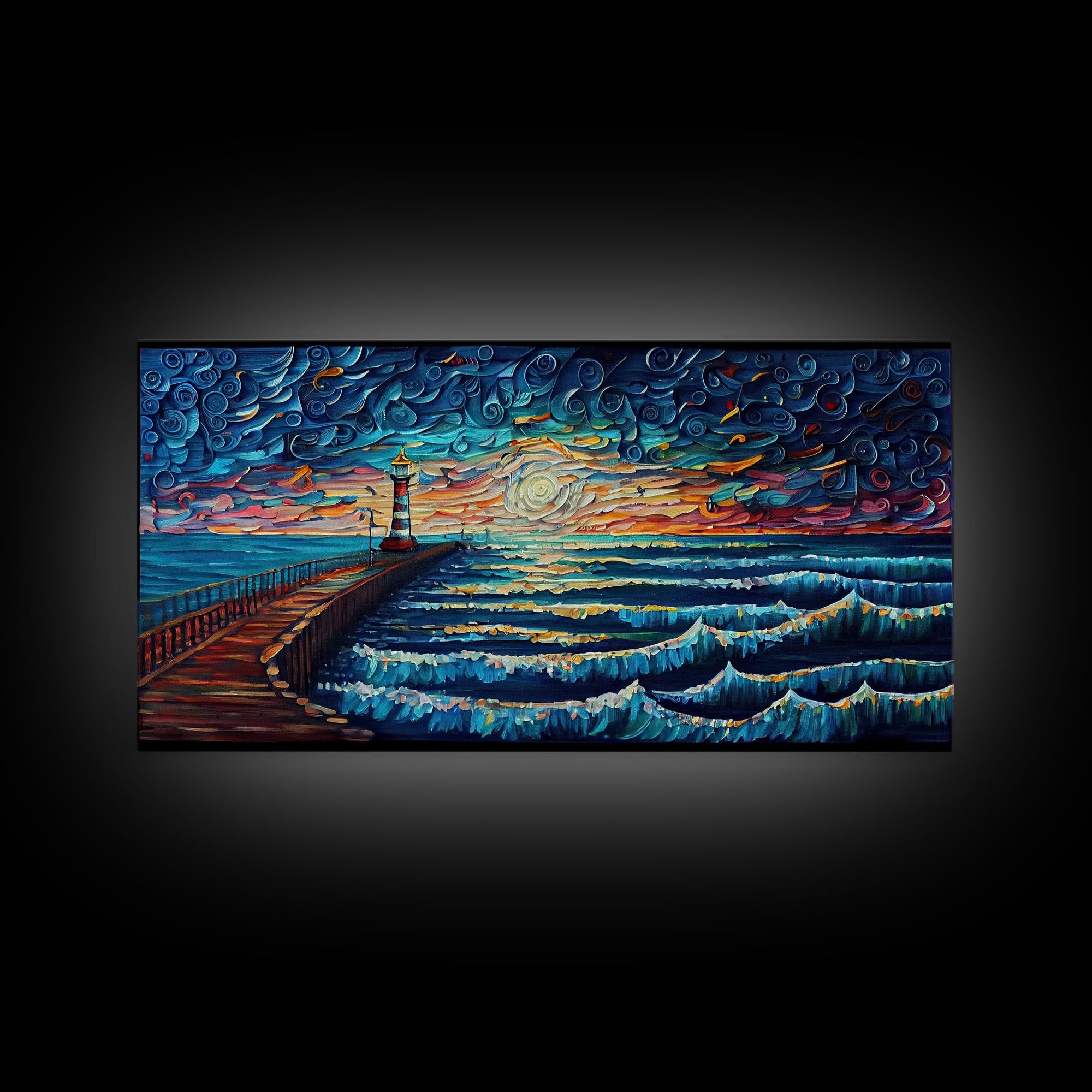 Starry Night Style Light House - Framed Canvas Print - Lighthouse and Beach Art - Lakehouse Art - Beach House - Living Room Decor