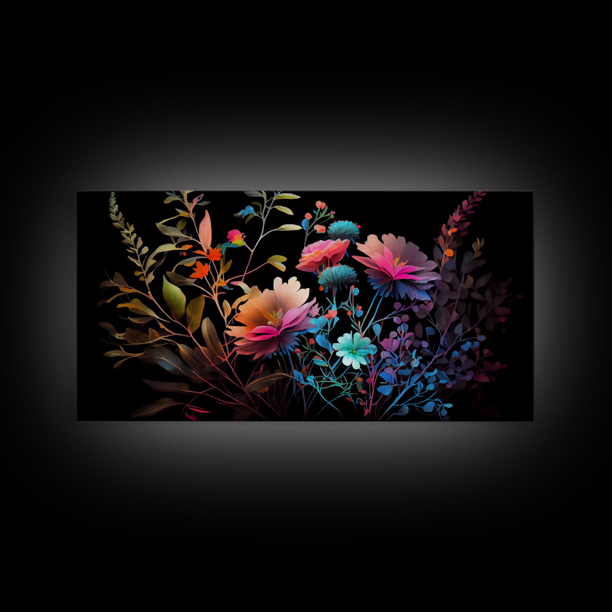 Wild Flower Art, Black Background, Framed Canvas Print, Canvas Art, Mother's Day, Watercolor Painting of Flowers on Canvas, Living Room Art