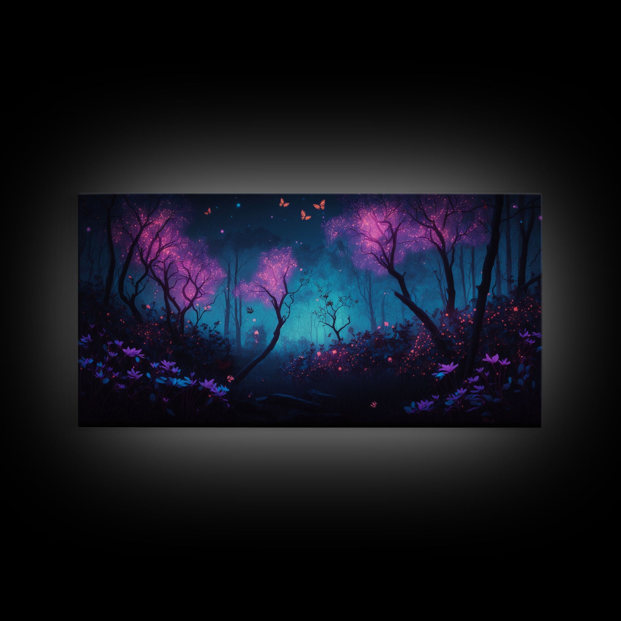 Beautiful forest canvas print Fantasy forest wall art Forest Painting, Framed Art, Glowing Butterflies