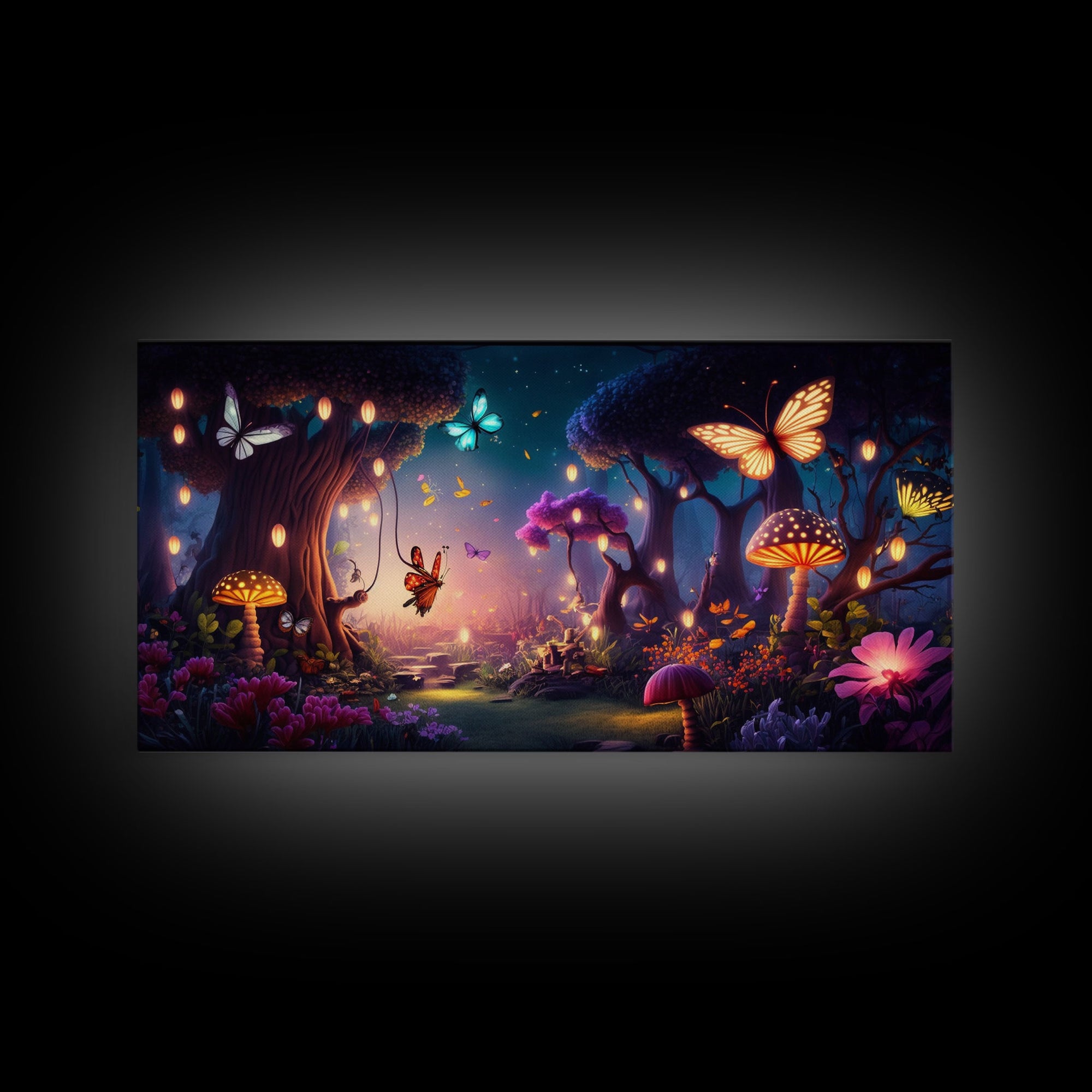 Vibrant Fantasy Forest Wall Art, The Forest Floor, Bioluminescent Glowing Butterflies, Gift, Framed Canvas Print