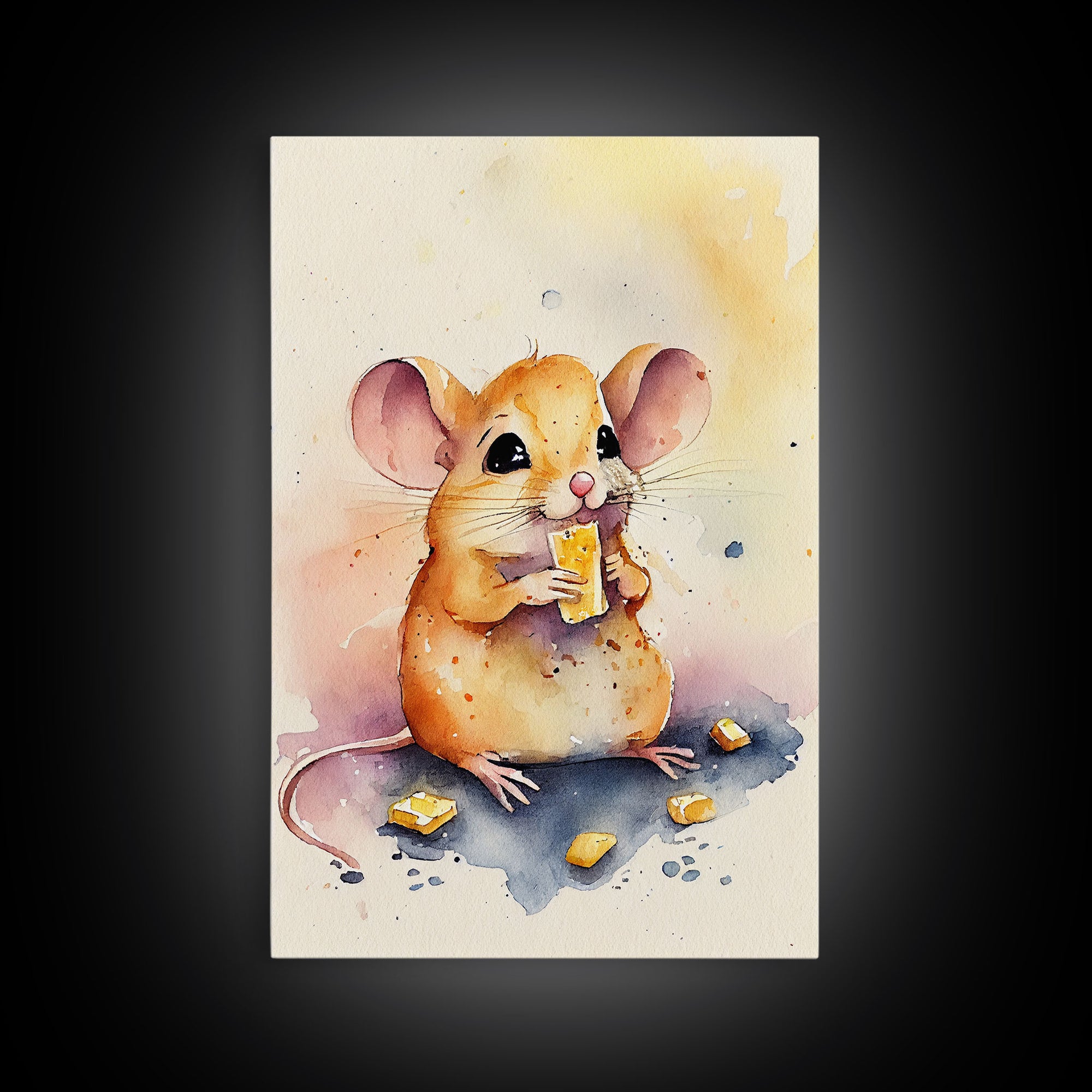 Mouse monchin' some cheese Watercolor Print, Mouse Art Painting, Framed Canvas Print, Cute mouse cartoon