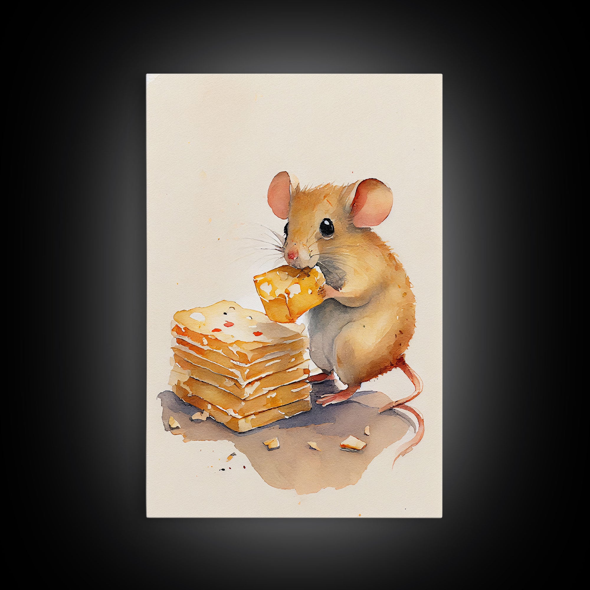 Mouse eatin' some cheese Watercolor Print, Mouse Art Painting, Framed Canvas Print, Cute mouse cartoon