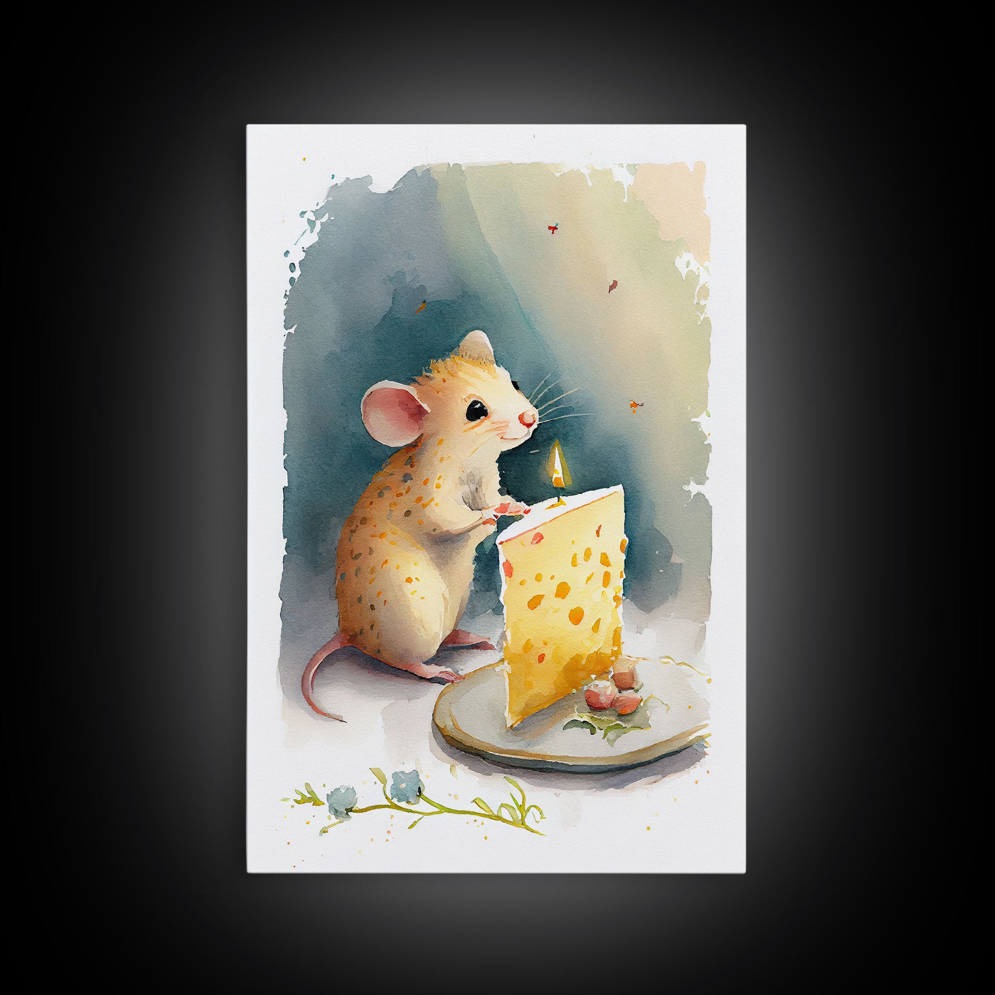 Cute mouse birthday party Watercolor Print, Mouse Art Painting, Framed Canvas Print, Cute mouse cartoon