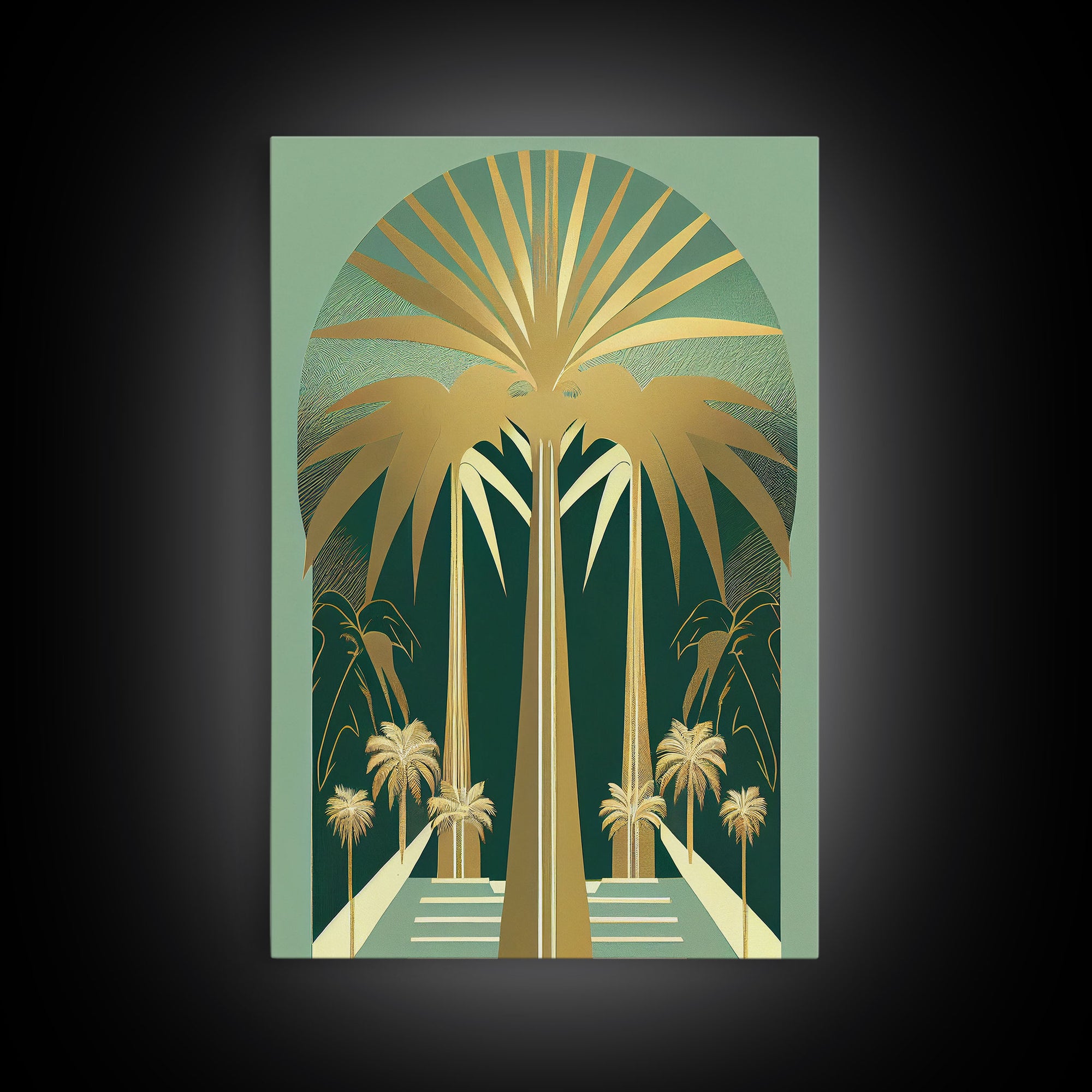 Boho Modern Frank Lloyd Wright-inspired Art Deco Canvas Print, Emerald Green and Gold Palm Tree, wall decor, wall art original, MCM Art