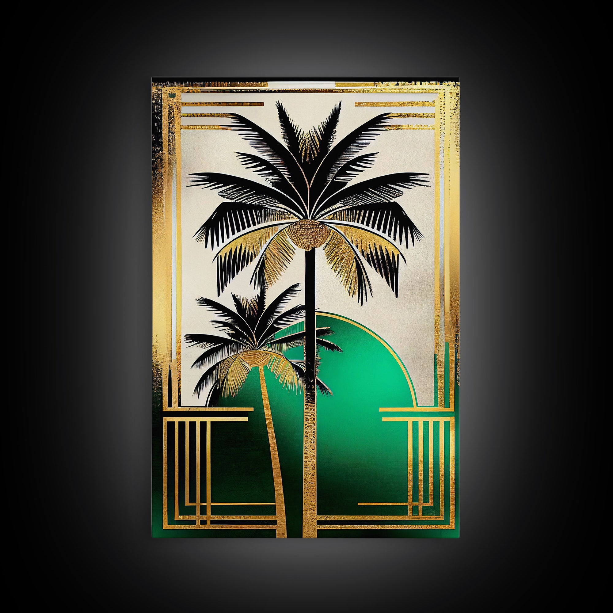 Boho Modern Frank Lloyd Wright-inspired Art Deco Canvas Print, Emerald Green and Gold Palm Tree, wall decor, wall art original, MCM Art