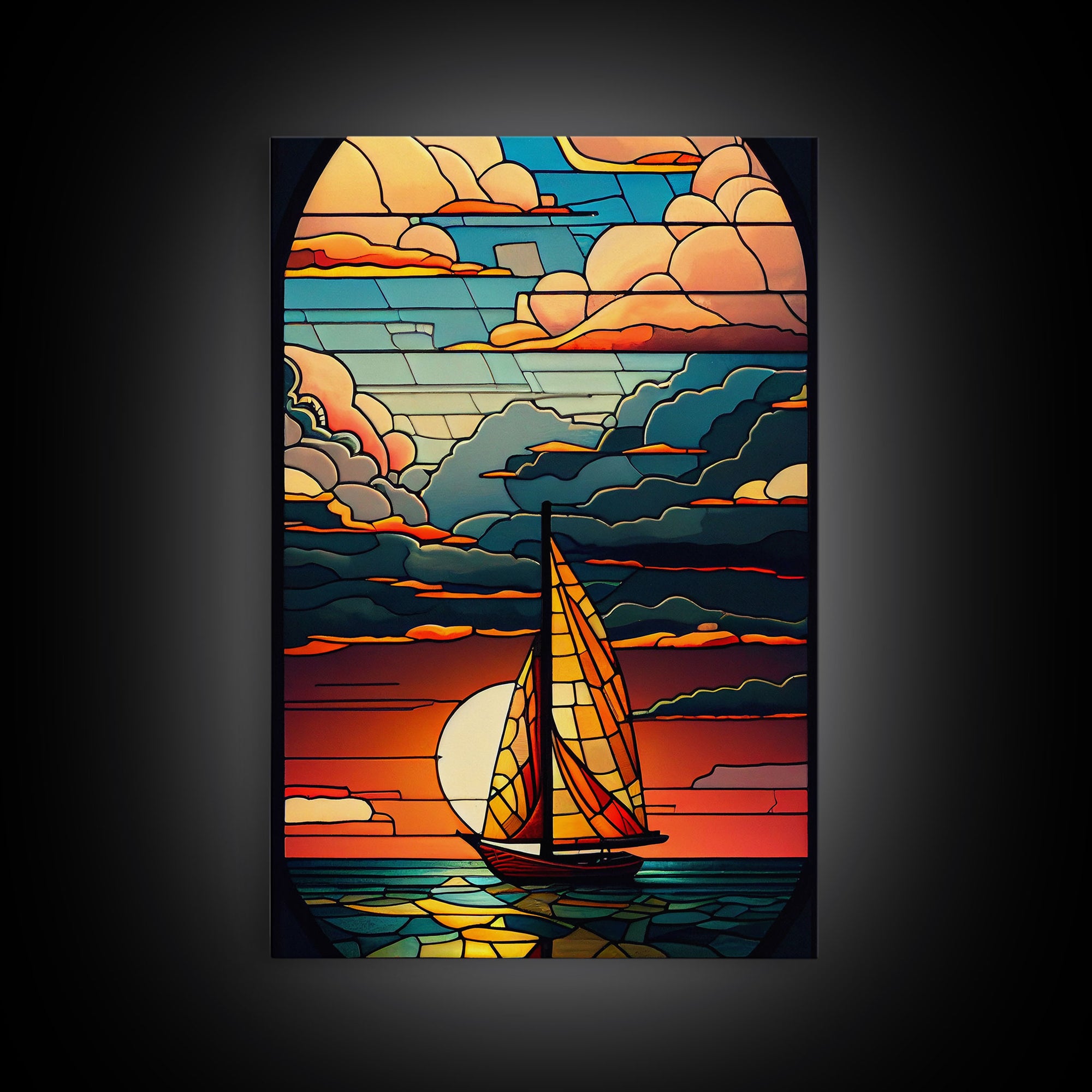 Art Deco Wall Art, Sailboat and Sunset Framed Canvas Print, Art Deco / MCM Wall Art, Stained Glass Reflections