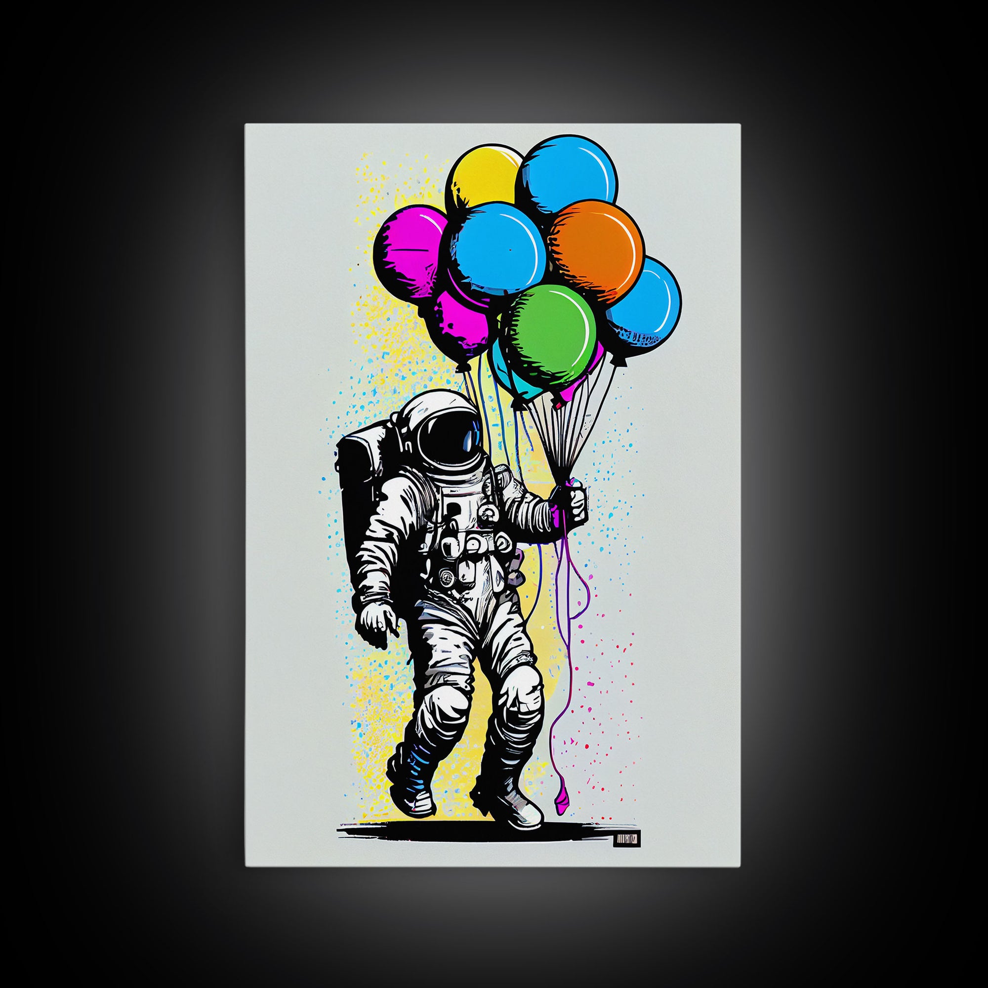 Urban Wall Art, Banksy Inspired, Astronaut Holding Colorful Balloons, Framed Canvas Print, Graffiti Art