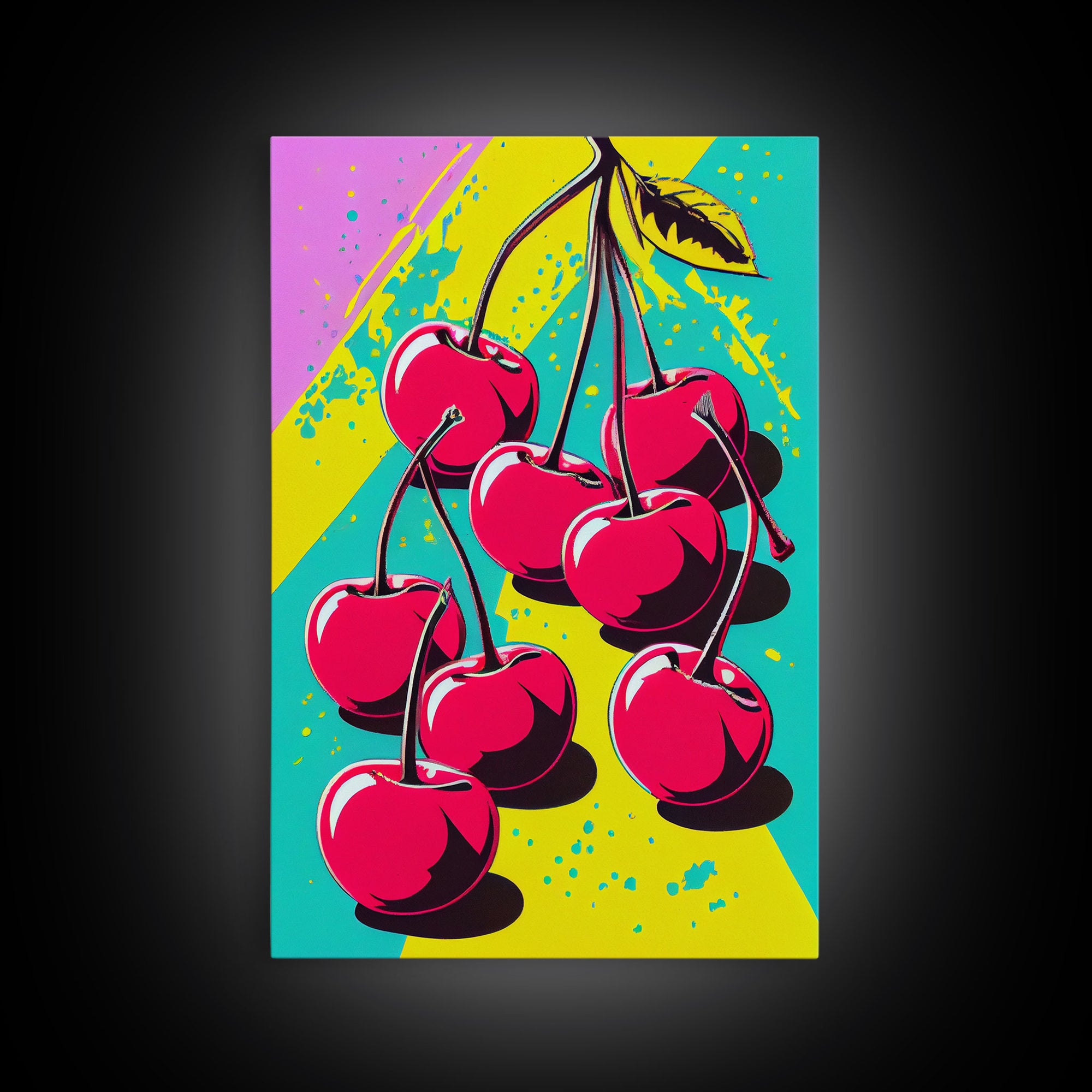 Pop Art Cherry Painting Canvas Print, Framed Art, MCM Style, Midcentury Modern Pop Art, Retro Comic Book Style Wall Art